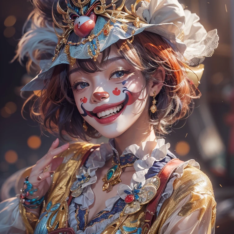 Hiding at the masquerade、Hair flow、 ((highest quality、masterpiece、8k、Best image quality、Ultra-high resolution、Award-winning works)、(Accurate anatomy:1.1)、(Look at me and smile:1.1)、Shining fair skin with Ultra-high resolution、The most detailed face、Ultra-high resolution detailed face、Ultra-high resolutionの髪の毛、(Ultra-high resolutionの煌めく瞳:1.1)、Beautiful face drawn in every detail、(Blurred Background:1.1)、Cheerful clown costume, Chest to chest, tattoo,、Wearing a Venetian mask