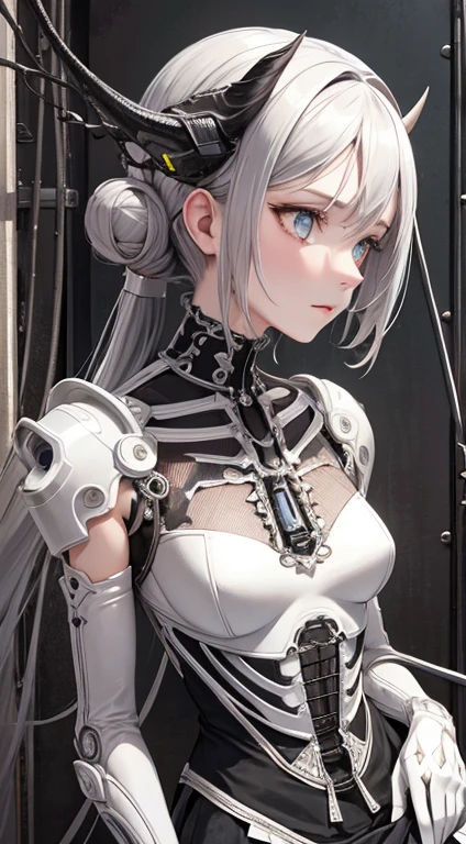 (((masterpiece))), (((highest quality))), ((Super detailed)), (Highly detailed CG illustrations), ((Very delicate and beautiful)),(From the side),Cinematic Light,((1. Machine Girl)),solo,Full Body,(Machine made hinges:1.2),((Mechanical Vascularization of the Limbs, Connected to a tubular mechanical vertebra, Attach to the back),((Cervical vertebrae mechanically attached to the neck)),(Sitting),Expressionless,(Wire and Cable, Neck fastening:1.2),(Overhead wires and cables:1.2)(Featured Characters),SF,Very detailed,colorful,Extreme Detail, (Gray Hair:1.2), (White bright eyes:1.3), (Detailed face and eyes:1.4), ((horn))