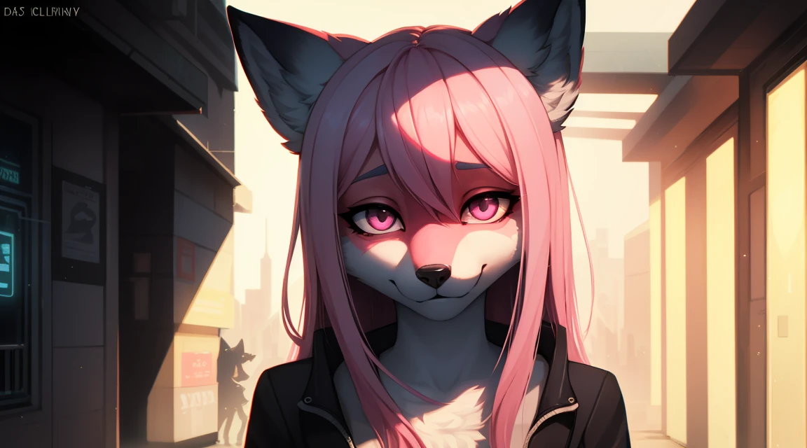 Cyberpunk fox, Beautiful light and shadow on a beautiful face with light pink hair、Ambientebeleuchtung am Strand、Ultra-fine fur、Das volumetrische Licht ist sehr detailliert，Furry art of the highest quality