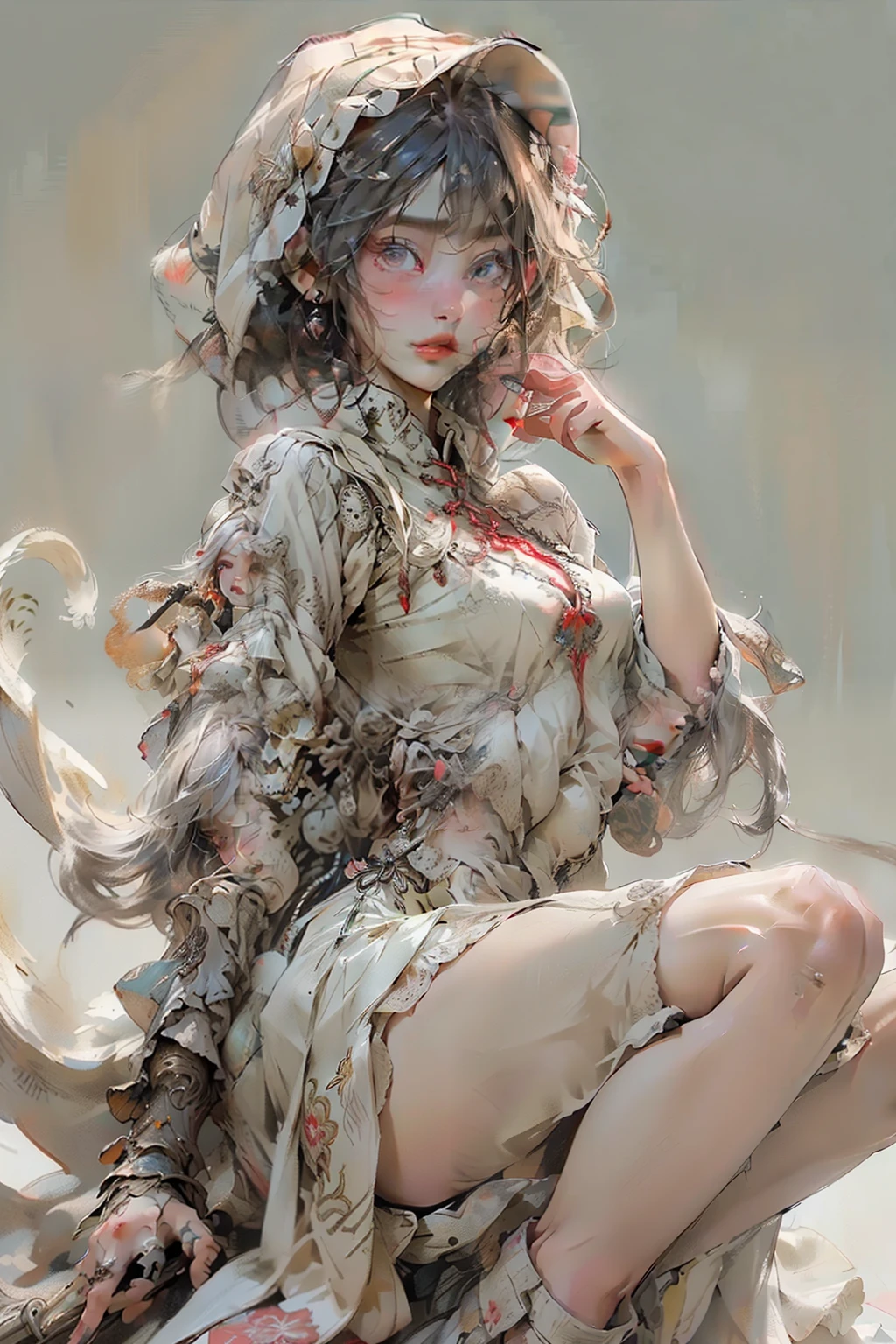 ((best quality)), ((masterpiece)), (detailed), perfect face (((masutepiece, of the highest quality, super detailed))), hand drawn style, hand painted style, watercolour, sketch, a knight, white background, plain background, Bloodborne inspired, tatty Bloodborne attire, occult aesthetic, occult, tatty red and white clothing detailed and intricate steampunk and detailed gothic lolita (with a hood), long coat, Complex laced boots, Fluttering lace flared long knee length dress with frilly petticoats, long dress, knee length dress, pleated petticoats, lolita dress, petticoats gothic lolita, beautiful small breasts, (((( Highly detailed face))), small thin nose, Small thin lips mouth, (((Very sharp focused eyes))), Very large slit precision pale grey eyes that shine like jewels. very long eyelashes, Silver hair swaying in the wind, Emitting a dazzling light in a mandala pattern, white background, Very dramatic and cinematic lighting, tatty damaged old red and white clothing, full body, whole body, body, cosmic horror, grim dark