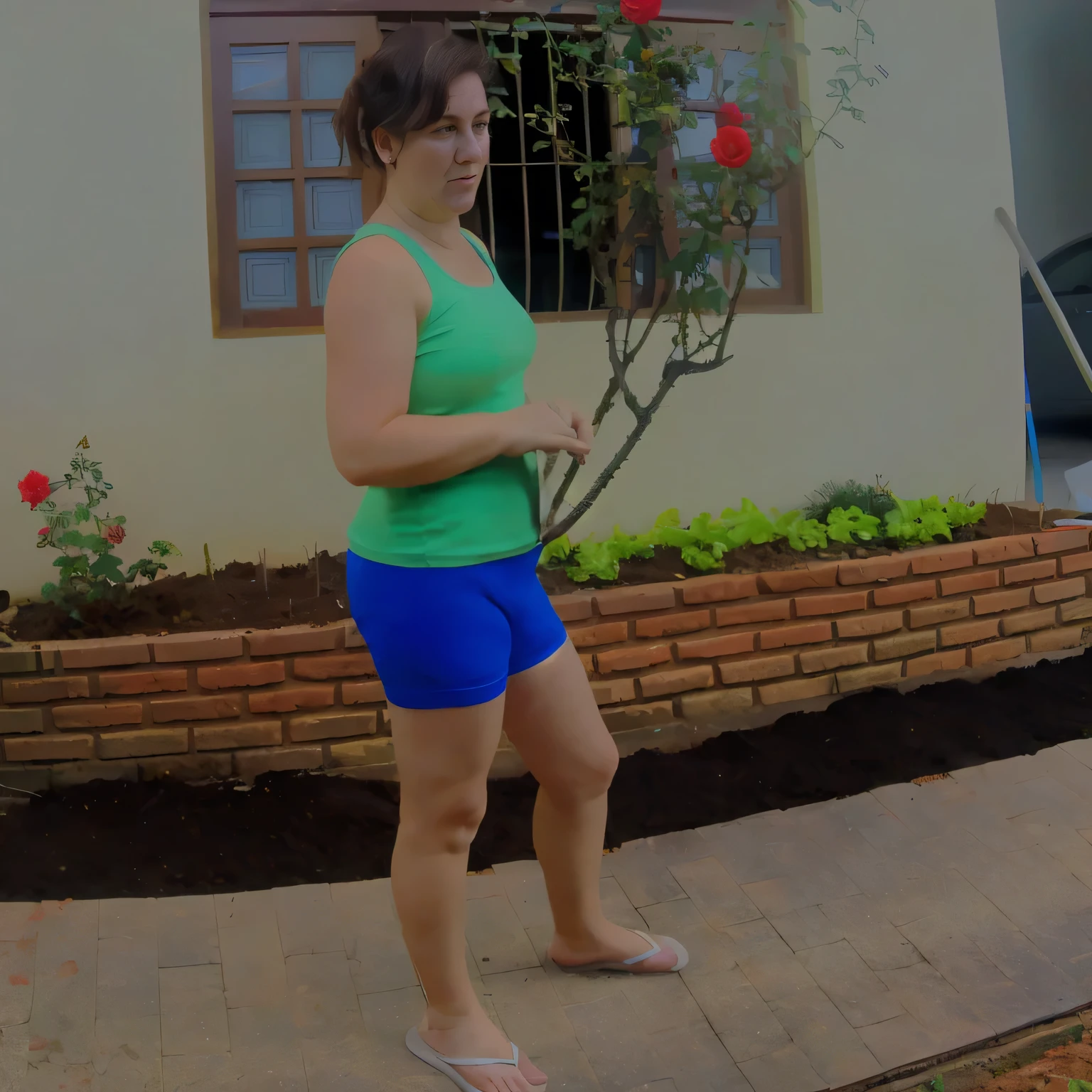 In the image, a beautiful Brazilian woman with white skin, short dark brown hair, in blue shorts and a green tank top, bent over, in blue shorts, standing outside a house with a flower in her hand, standing outside a house , side pose, in shorts, full body centered photo, side photo, full body centered photo, wearing a green tank top and short, tight blue shorts, full body profile photo, adjusted photo, with a bunch of flowers and lettuce in the background , distant full-length photo, wearing blue shorts ((blue)) and green tank top ((green)), with a cheeky pose, photo from behind. Fitness woman, perfect arms, perfect body. She is around 40 years old, 162 cm tall and weighs 56 kg. Her body exudes glamor and her face is a definition of beauty. Slender body, thin waist. Highly realistic, hyperrealism, very elaborate skin, high quality photo. Sharp Photo, High Resolution, High Quality, Masterpiece, 16K Photo, Sharp Photo, High Contrast, Masterpiece, (Photographically Realistic), NUDE, NUDITY, NFSW.