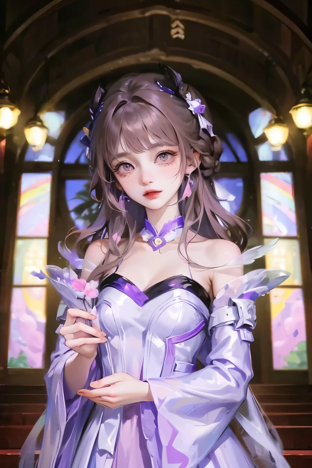 1 Girl, naked, Animal ears, Purple Eyes, brown hair, wing, Solitary, long hair, blush, Cat耳朵, Flowers, looking at the audience, braid, bow, dress, pink Flowers, bow, Hair accessories, Bangs, Cat, Flowering, animal ear hair, Keep, Virtual YouTuber, Blue bow, Keep animal, Cat女, Plush Toys