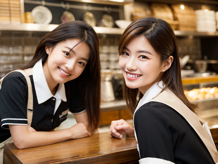 (highest quality, Tabletop, photographrealistic, Very detailed), Two beautiful girls working in a cafe, Wearing a white short-sleeved collared shirt, Brown apron, Earrings, Big smile, Behind the counter, Beautiful face in every detail, Beautiful eyes in every detail, Realistic and detailed skin texture, Detailed light brown hair, Sharp focus, photograph
