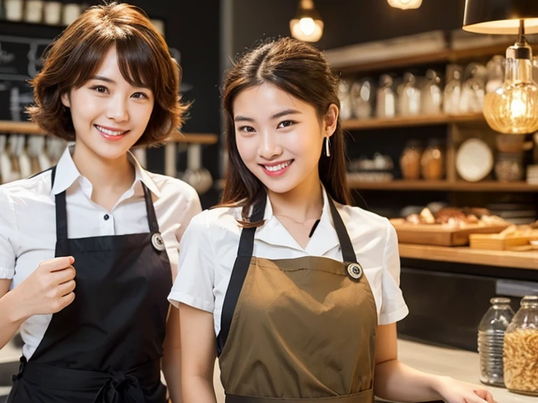 (highest quality, Tabletop, photographrealistic, Very detailed), Two beautiful girls working in a cafe, Wearing a white short-sleeved collared shirt, Brown apron, Earrings, Big smile, Behind the counter, Beautiful face in every detail, Beautiful eyes in every detail, Realistic and detailed skin texture, Detailed light brown hair, Sharp focus, photograph