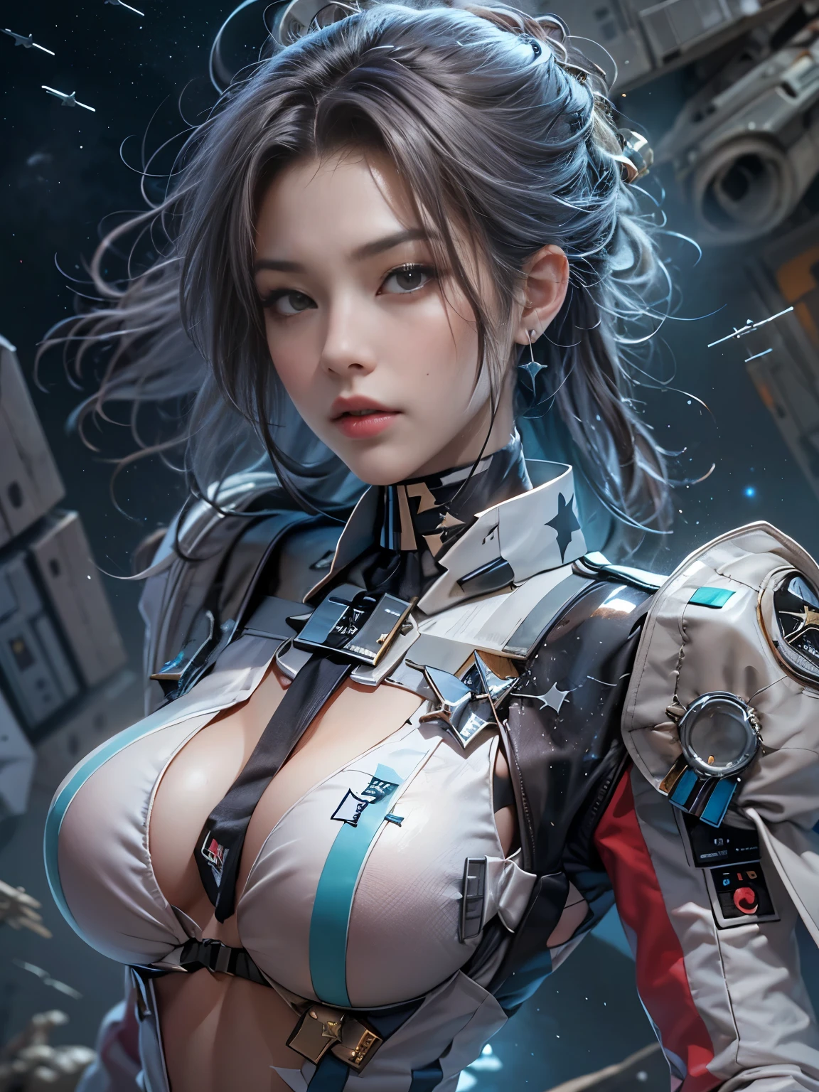 Zerg Queen Beautiful Girl: Ranlinger, 18 years old with slim body, (starfighter:1.6), Messy Hair, beautiful Perfect Face, Soft Skin, Perfect Face, Yasutomo Oka's painting style, Big firm Breasts, hard nipples, mechanical robot suit, breasts exposed, cleavage is exposed, Add light purple and purple, Add Light Red, Intricate details, Splash screen, 8K resolution, masterpiece, Sexy, Sharp Eyes, Break, white silver, dynamic sexy poses, sweat, (in battle, starship, starwars:1.4), Sharp Eyes, Break, Strong winds, Colorful light, stars, moon, universe
