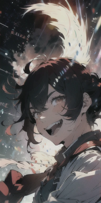 An absurd solution、High resolution、(masterpiece:1.4)、Ultra-detailed、From above、Adonis、Boy Universe、masterpiece, accelerate_Hmph, (Angry face:1.2), (Crazy Smile:1.3), crutch, Silver Hair,Red eyes glow, sunglasses,Close-up shot, Swirling Wind, Lightning appears around the character, Complex background of the night, Very detailed, (Cloudy:1.3), Cloudy, dim, Hmph, Vignette, Dirty