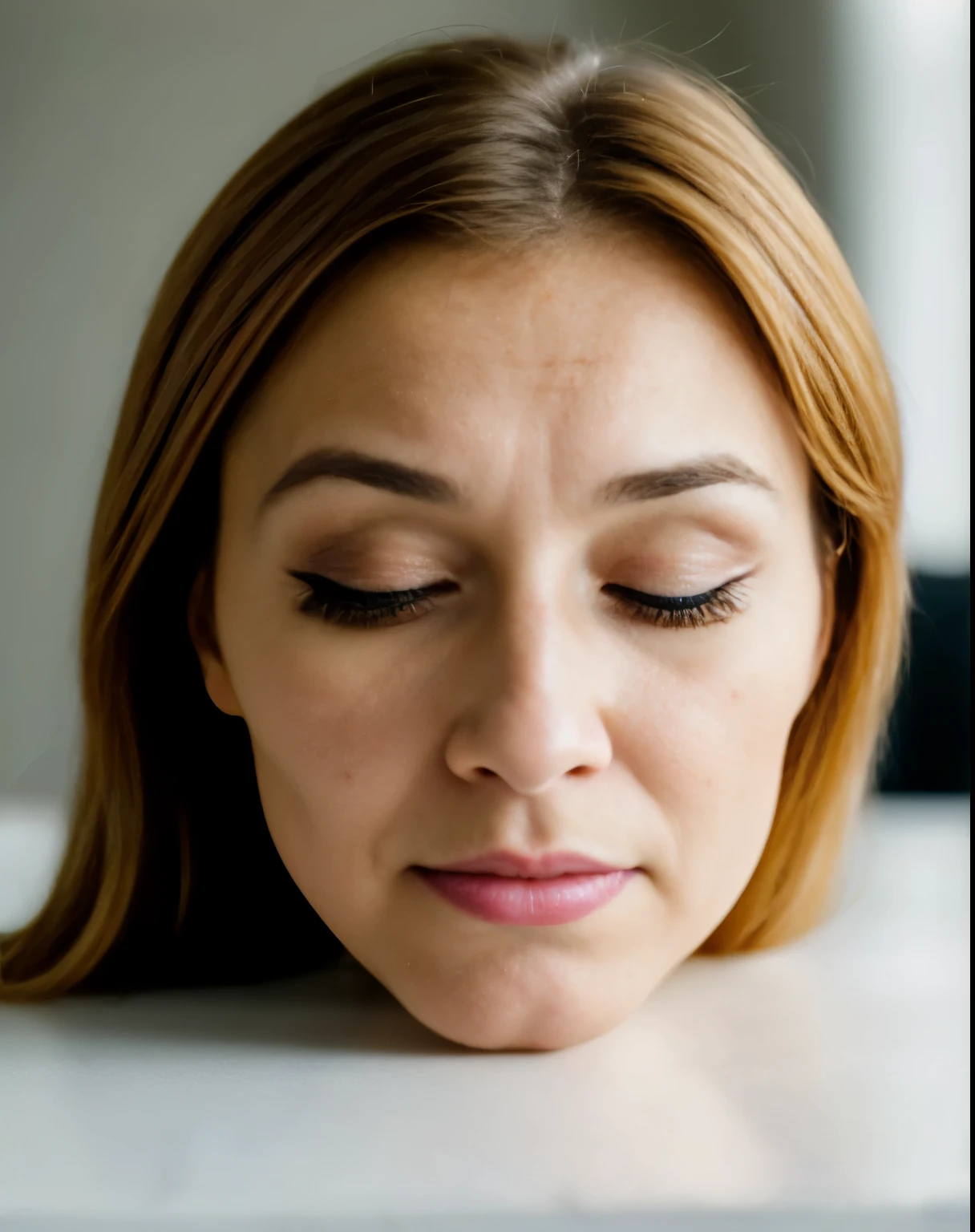 ((disembodied head on desk)), 40yo, wearing makeup, extremely detailed skin texture, (eyes closed), (realistic), realistic natural lighting, (best image, best quality)