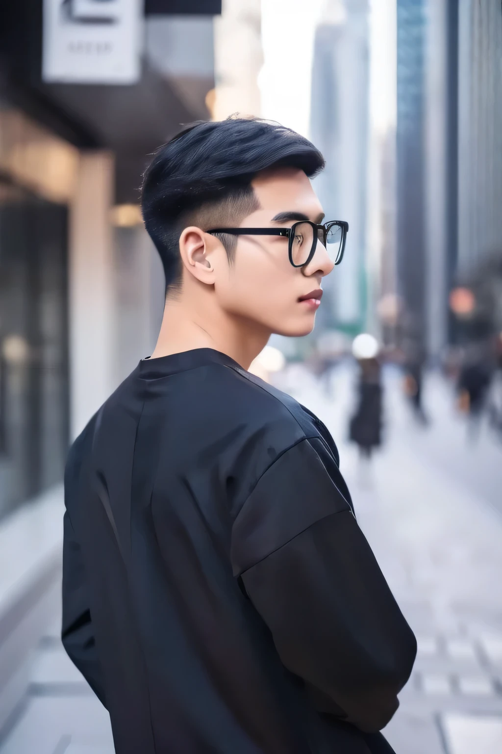 Chinese-English mixed race boy,24 years old,Fashionable to wear,Round neck long sleeve shirt,Wear round black frame glasses,With a delicate face,A man standing on the roof,Look back with your back to the camera,In the background of the city。