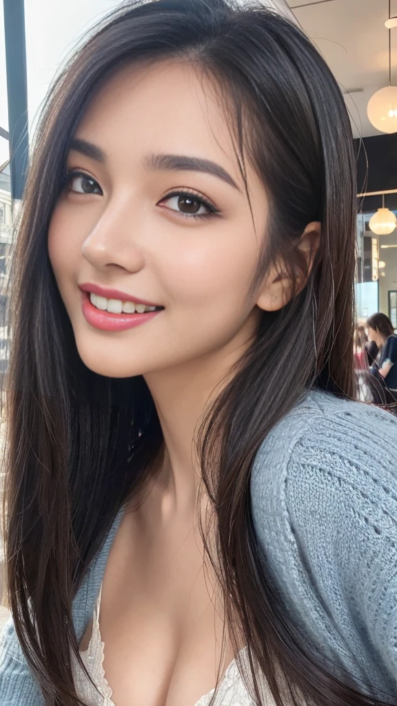 masterpiece, best quality:1.1), (8k, raw photo, photo realistic:1.2, f22), (shiny skin), detailed skin,long hair,detailed face, detailed eyes, smile, real world, intricate details, smil, 1girl,jacket,mini skirt, breast cleavage, break at a cafe,looking at the viewer,from front ,adorable 、(Droopy eyes、Natural Makeup、Ultra-high definition beauty face:1.15)、(Ultra high resolution perfect beautiful teeth:1.1)、Ultra HD Hair、Ultra HD Shining Eyes、Super high quality glossy lip、Accurate anatomy、(very bright and vivid:1.3),