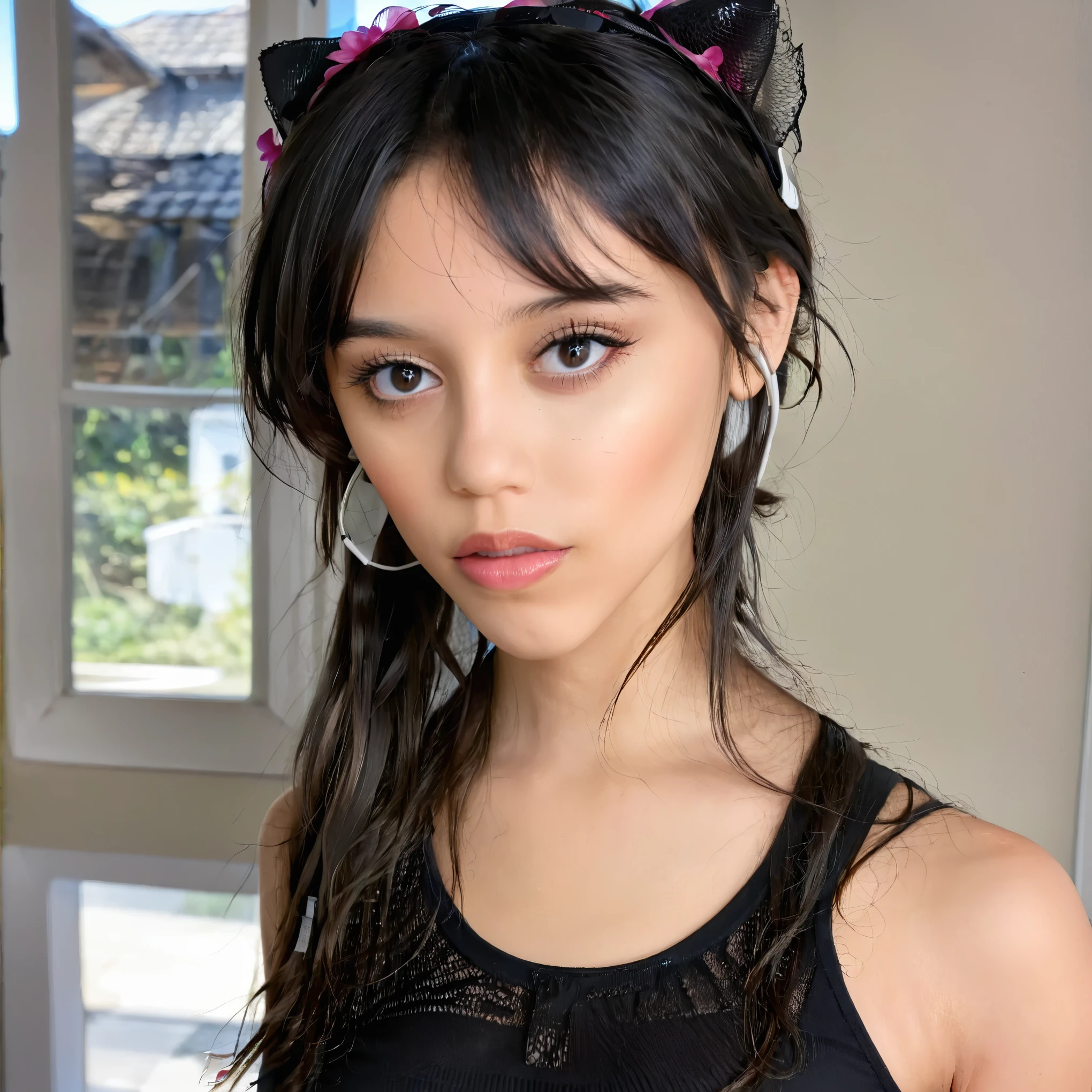 Jenna Ortega with headphones standing in front of a window, Sie hat schwarze Haare mit Pony, Isabela Moner, sieht aus wie Fabiula Natal, perfektes Gesicht!!!, ihr Gesicht sieht aus wie eine Orchidee, beautiful latina face, pretty face!!, perfektes Gesicht!!, sie sieht aus wie eine Mischung aus Grimes, Very pretty face, Wunderpretty face