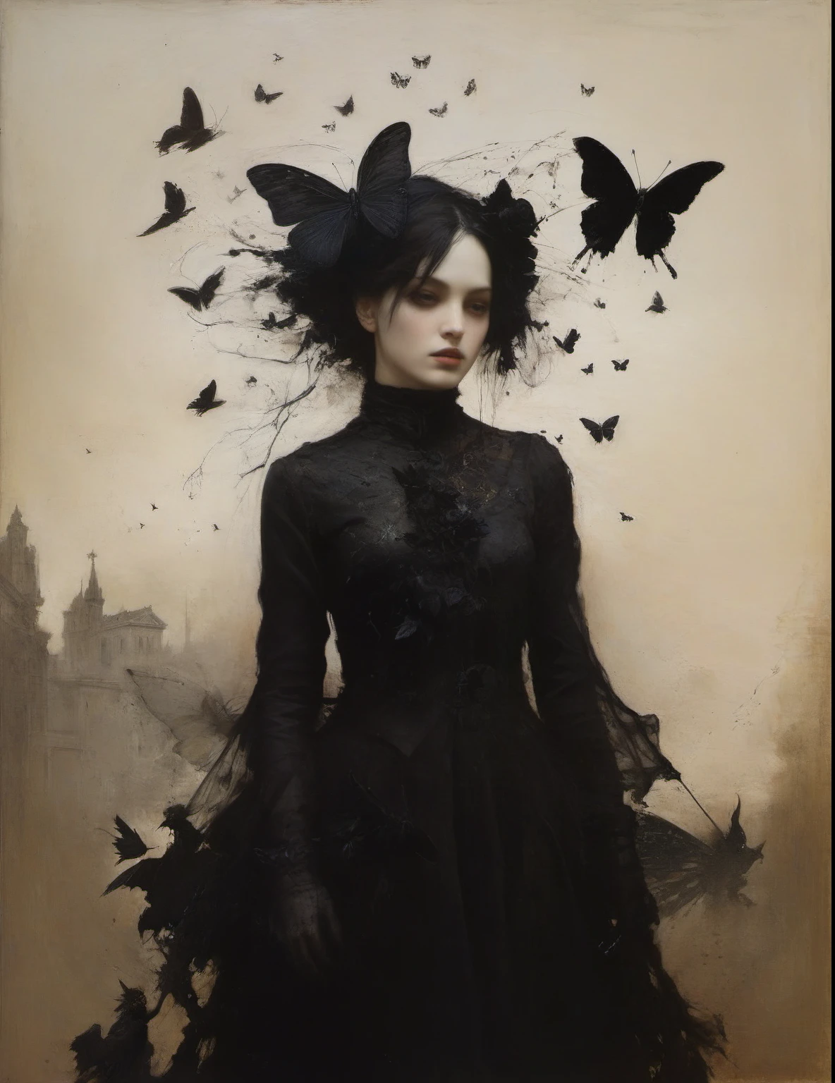 James Gurney, Surrealist art , dream-like, Mysterious, Provocative, symbolic, Complex, detailed,, (Gothic but very beautiful:1.4), (masterpiece, highest quality:1.4) , Nicola Samori Style, butterfly, Crow and the Young