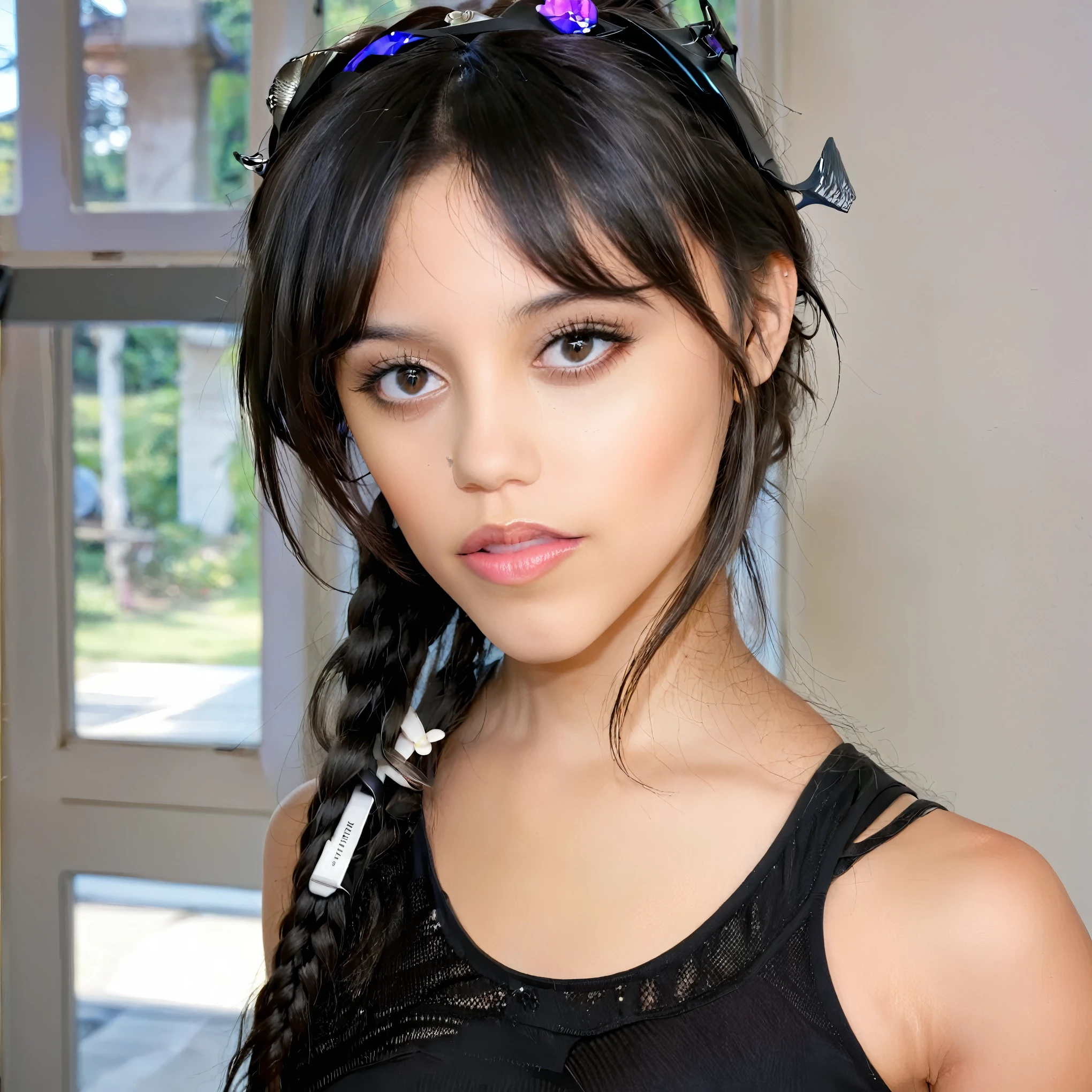 Jenna Ortega with headphones standing in front of a window, Sie hat schwarze Haare mit Pony, Isabela Moner, sieht aus wie Fabiula Natal, perfektes Gesicht!!!, ihr Gesicht sieht aus wie eine Orchidee, beautiful latina face, pretty face!!, perfektes Gesicht!!, sie sieht aus wie eine Mischung aus Grimes, Very pretty face, Wunderpretty face