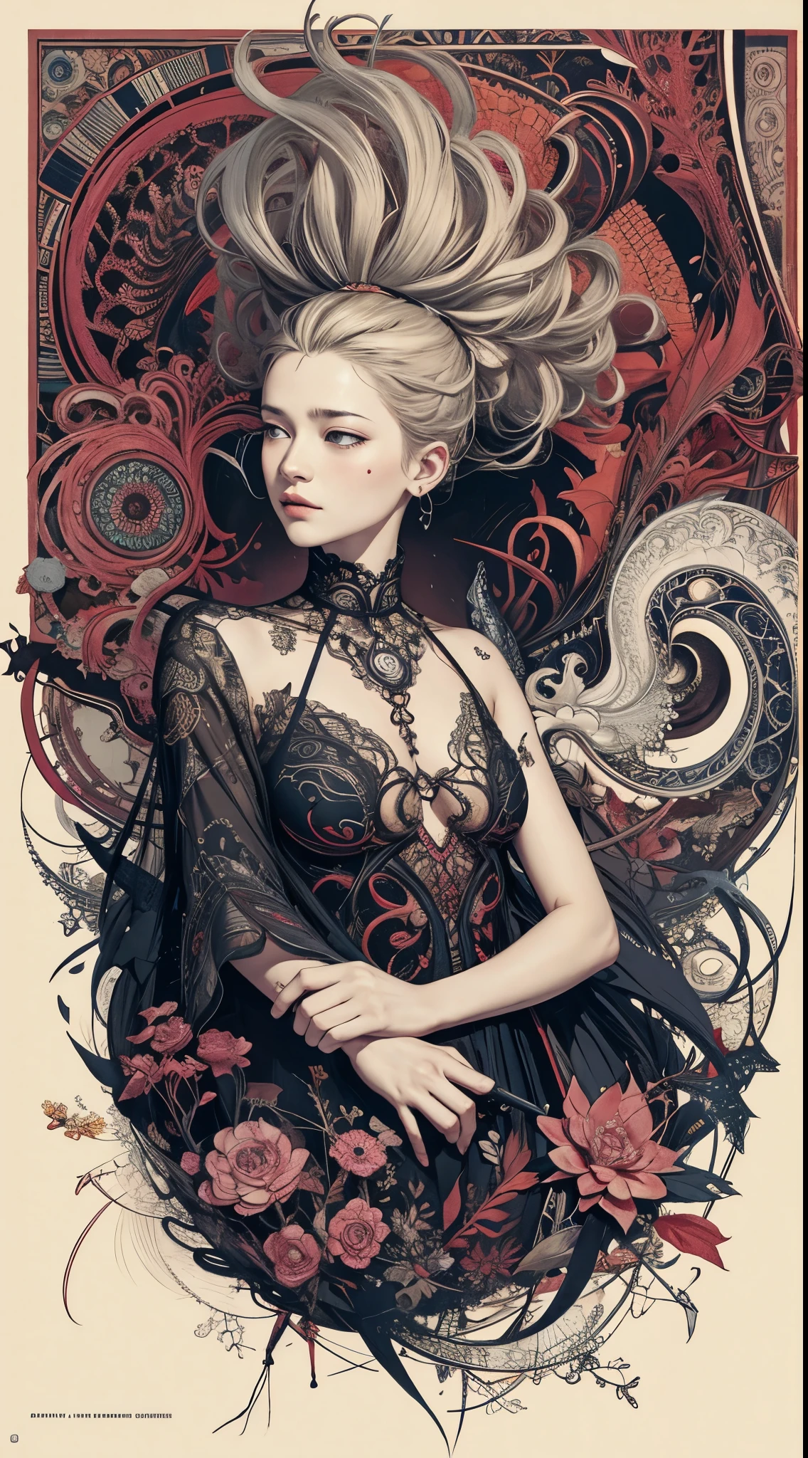 official art, unity 8k wallpaper, ultra detailed, beautiful and aesthetic, masterpiece, best quality, (zentangle, mandala, tangle, entangle), (fractal art:1.3) , 1girl, extremely detailed, dynamic angle, cowboyshot, the most beautiful form of chaos, elegant, a brutalist designed, vivid colours, romanticism, by james jean, roby dwi antono, ross tran, francis bacon, michal mraz, adrian ghenie, petra cortright, gerhard richter, takato yamamoto, ashley wood, atmospheric, ecstasy of musical notes, streaming musical notes visible