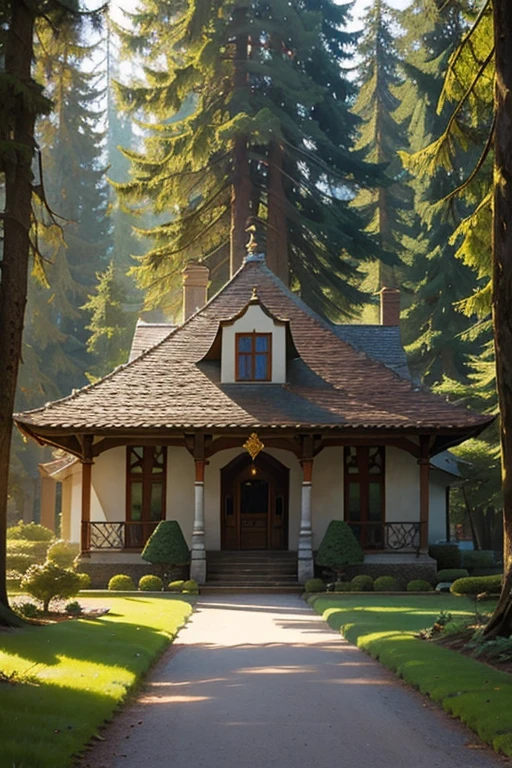 Artwork, best quality,Royal palace of the elves built among the trees and around it beautiful buildings mixed with the forest, polished stone road 