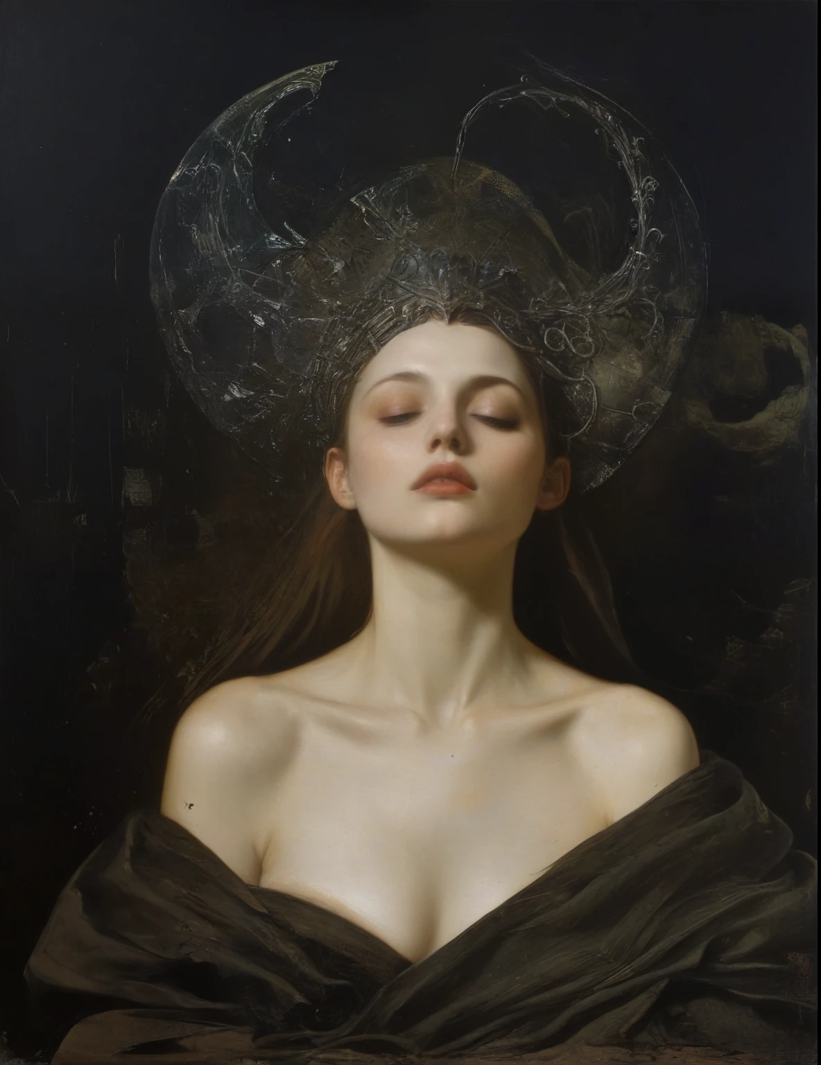 James Gurney, Surrealist art , dream-like, mysterious, Provocative, symbolic, Complex, detailed,, (Gothic but very beautiful:1.4), (masterpiece, Highest quality:1.4) , Nicola Samori Style, Goddess of Eros、Naked, I&#39;m as beautiful as a siren