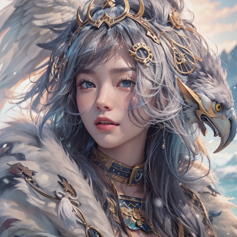 Hiding in the snowy mountains、Hair flow、 ((highest quality、masterpiece、8k、Best image quality、Ultra-high resolution、Award-winning works)、(Accurate anatomy:1.1)、(Look at me and smile:1.1)、Shining fair skin with Ultra-high resolution、The most detailed face、Ultra-high resolution detailed face、Ultra-high resolutionの髪の毛、(Ultra-high resolutionの煌めく瞳:1.1)、Beautiful face drawn in every detail、(Blurred Background:1.1)、Ancient Inuit clothing, Chest to chest, tattoo, Old ruins in the background、Apart from the real giant eagle