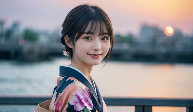 (kimono)、((17 years old))、Random pose、(highest quality,masterpiece:1.3,超A high resolution,),(Ultra-detailed,Caustics),(Photorealistic:1.4,RAW shooting,)Ultra-Realistic Capture,Very detailed,High resolution 16K human skin closeup、 The skin texture is natural、The skin looks healthy、The color is also uniform.、 Use natural light and color,1 girl,Japanese,,cute,Black Hair,,smile,,(Depth of written boundary、chromatic aberration、、Wide range of lighting、Natural Shading、)Shortcuts、Almond-shaped eyes、Seaside at dusk