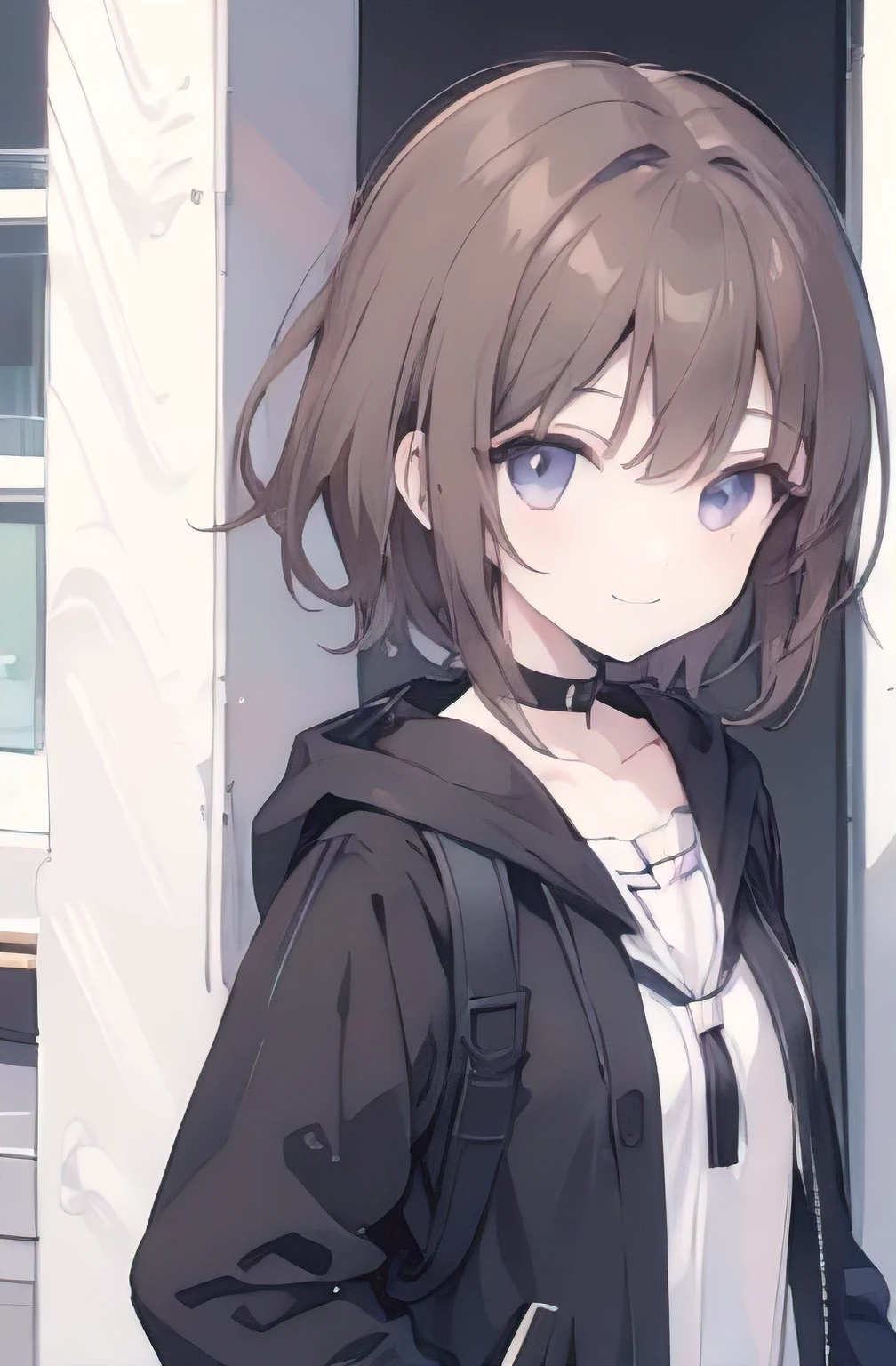 1girl, anime_coloring, black_eyes, black_gloves, brown_hair, choker, short_hair, smile, solo, style_parody,