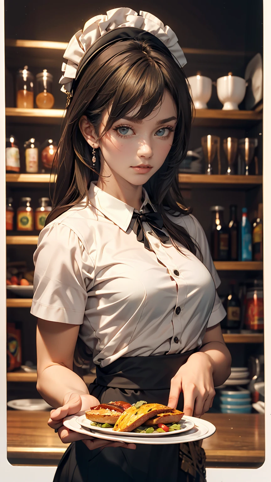 24-year-old woman、waitress、Put on a head dress、Holding a tray