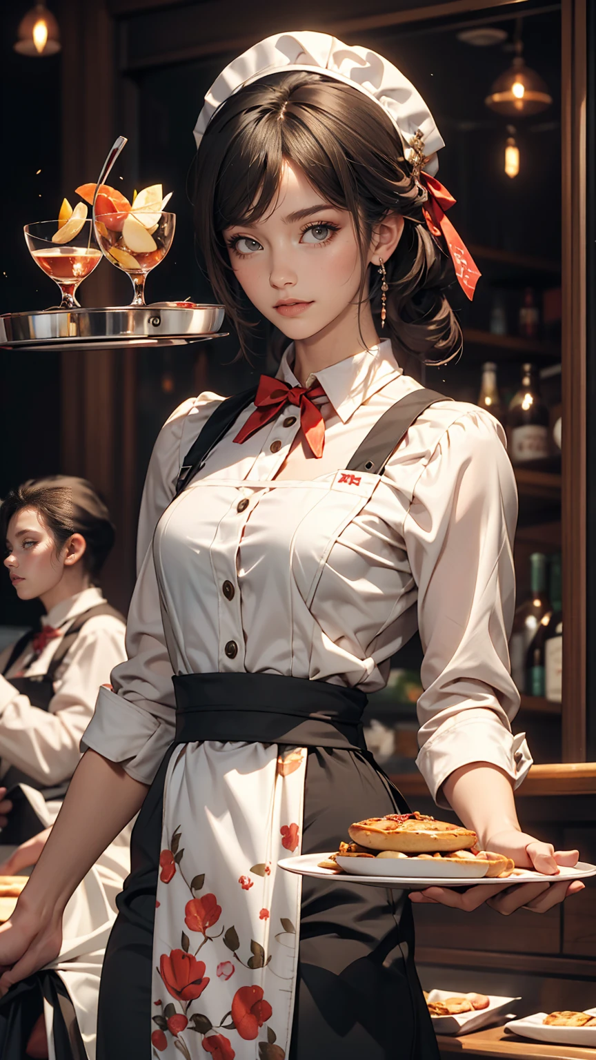 24-year-old woman、waitress、Put on a head dress、Holding a tray