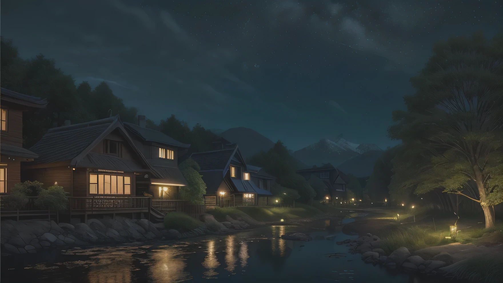 Please paint a high quality night scene of a village located somewhat in the outskirts of the city. Show the warm light leaking from the houses and shining in the silence of the night. The houses should have a traditional Asian farmhouse style, with gardens filled with seasonal flowers and plants, and the sound of the wind rustling in the breeze. Add a star-filled sky in the background, with distant mountains and forests lit by moonlight. Also incorporate a scene with a stream running through it, depicting the moonlight reflecting off the surface of the water. Bring out the realism of a calm and peaceful suburban nightscape with refined, high quality detail.