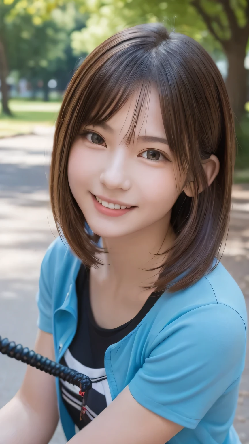 (highest quality,4K,8k,High resolution,masterpiece:1.2),Very detailed,(Realistic,photoRealistic,photo-Realistic:1.37), Cute woman at 16 years old,Tabletop, highest quality, Portrait of a Girl,You can check pores and skin texture in high resolution.,A walk in the park,Plain,Early morning summer sunlight,Image quality of SLR cameras,Push the bike by hand,random cute pose, shy smile  , Point to your audience , peekaboo  , View your viewers
