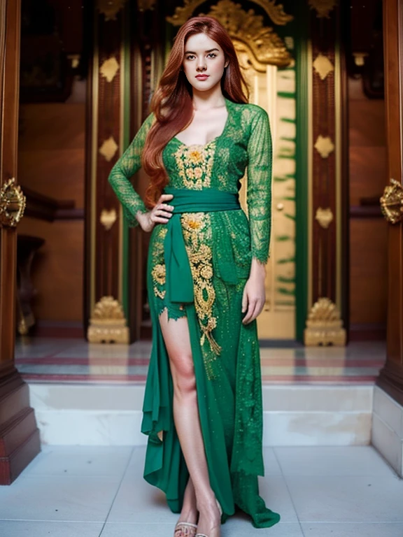 full body of a beautiful teenager, medium breasts, transparent intricate dress, soft smile, red lips, ginger hair, green eyes, realism, digital painting, concept art, smooth, sharp focus, rule of thirds, Style-Psycho