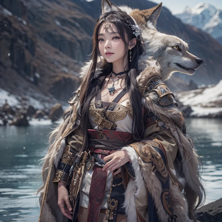 Lakeside surrounded by snowy mountains、Hair flow、 ((highest quality、masterpiece、8k、Best image quality、Ultra-high resolution、Award-winning works)、(Accurate anatomy:1.1)、(Look at me and smile:1.1)、Shining fair skin with Ultra-high resolution、The most detailed face、Ultra-high resolution detailed face、Ultra-high resolutionの髪の毛、(Ultra-high resolutionの煌めく瞳:1.1)、Beautiful face drawn in every detail、Ancient Viking clothing, Chest to chest, tattoo, A real wolf is by your side