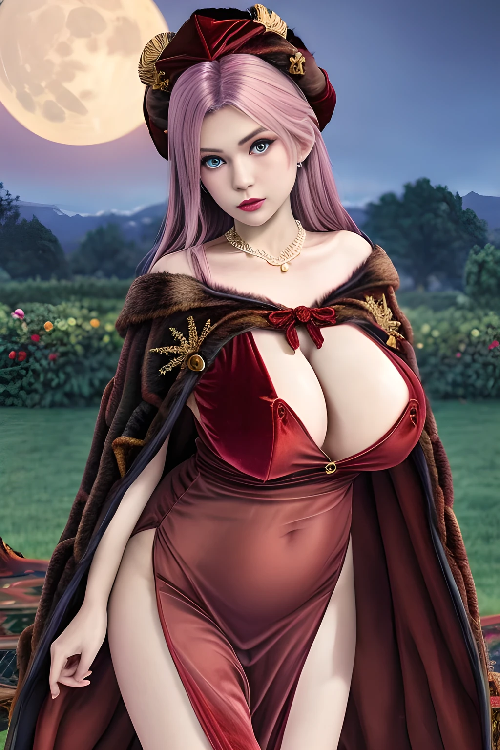 1girl,(RED theme: 1.2), (Velvet fabric nightgown: 1.2), (Koch snowflake cloak: 1.5), ,garden,moon,huge breasts,lactating,(lip gloss),(masterpiece), best quality, (real life portrait photography:1.5),unltra detailed,8K,Shot with a professional-grade camera like the Nikon D850,every intricate detail is captured, from the subtlest expression to the glimmer of anticipation in her eyes,Focus on thighs and above,solo,  elise,