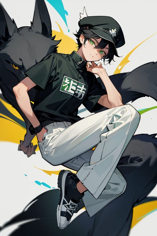  boy, black hair, green eyes, full body, black cap, black husky jersey, white trouser, black shoes, adoption, foster son,