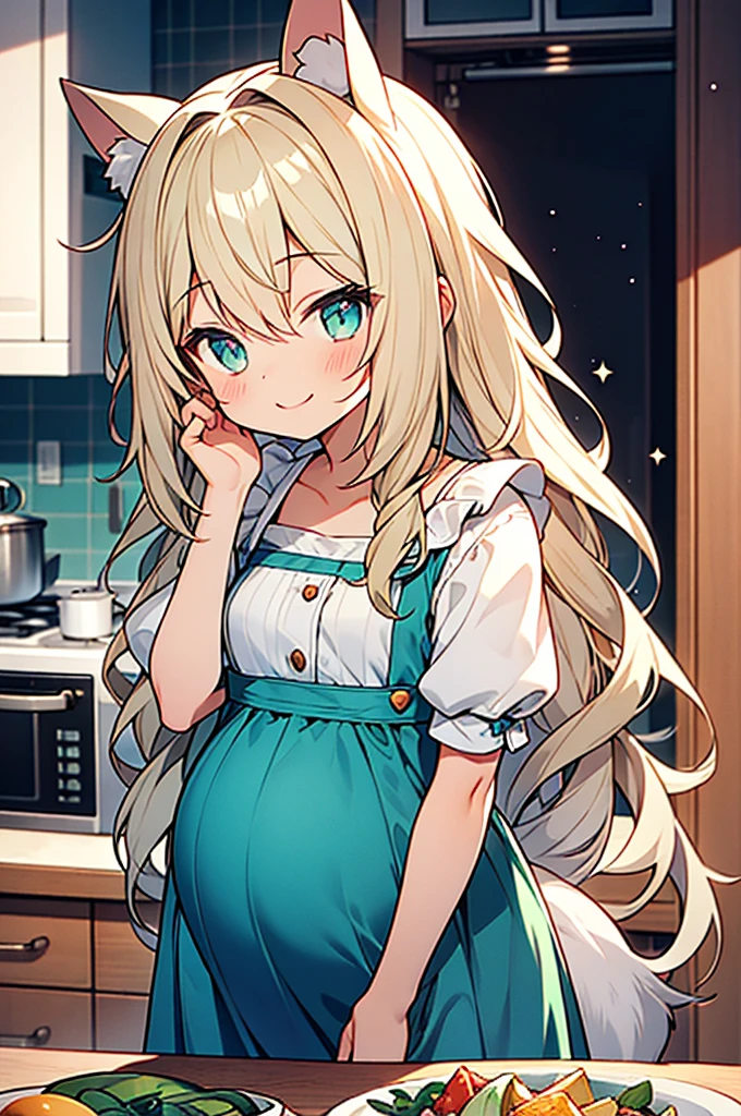 anime style,Dog-eared maid,pregnant girl,light_green wavy long hair,hyper cute young little rori girl,smile,Full of dreams, dreamer, pawpaw,Imagine a bright future,mouth relaxes,Cook in the kitchen,