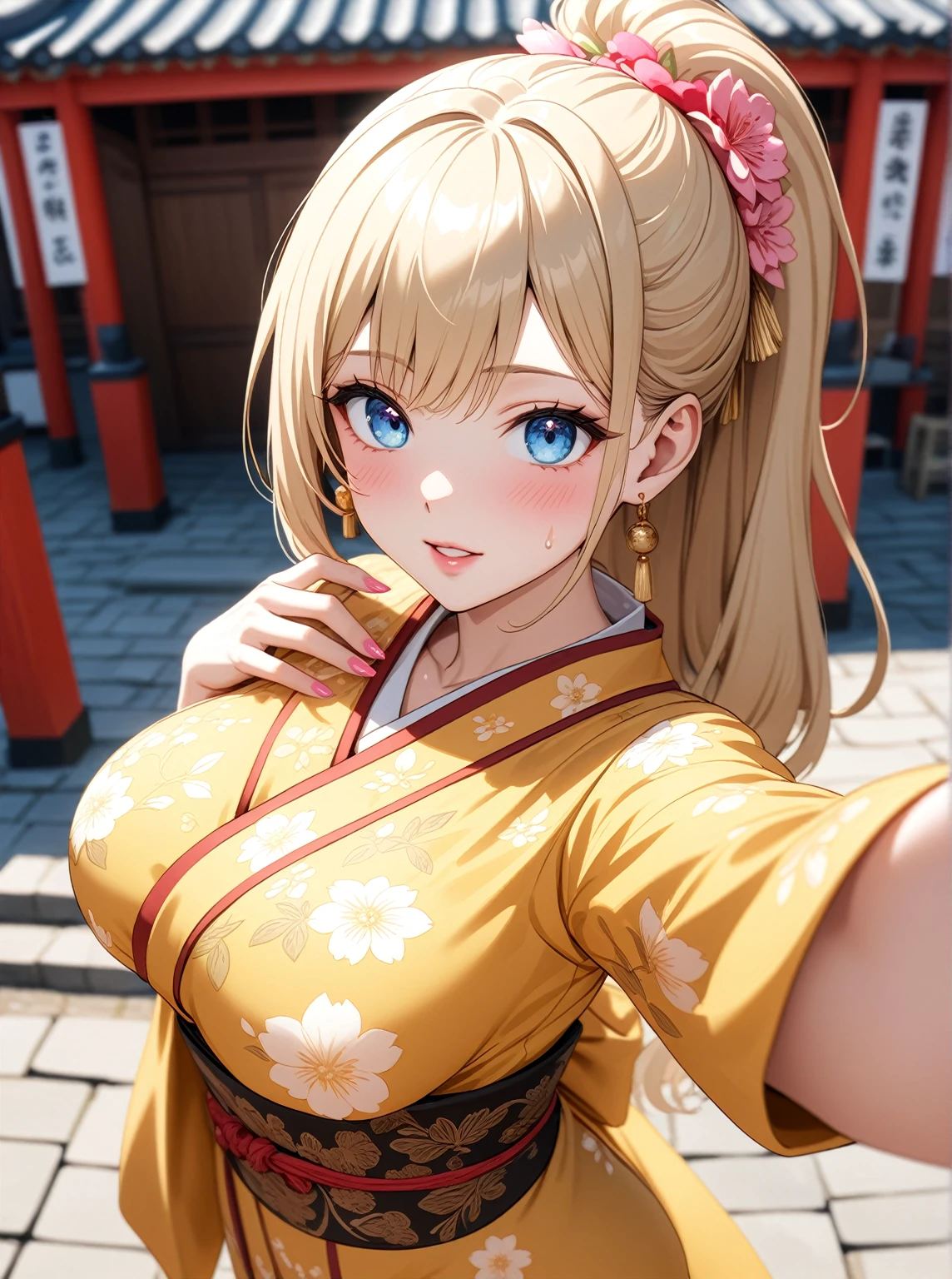 ((One woman)), Beautiful Face,My face turns red with embarrassment,(Taking a selfie with your boyfriend using your smartphone),Be surprised,Sweat on the face,Glossy pink lips,Daytime,Shrine Festivals, ((Anime style background)),masterpiece, highest quality, so beautiful, up to date, Complex details, (Pink long nails),AI-generated, Complex,High resolution, highest quality, super high quality,3D Images、View the viewers、3D Images,one person,Long Blonde Hair,High Ponytail,blue eyes,Anime woman posing for a photo, [[Fine grain、Colorful eyes、Shining Eyes:1.15]],a hyperRealistic , hyperRealistic , Realistic,Blonde anime woman with long hair, Smooth anime CG art, A woman in a gold embroidered kimono, (Yellow kimono),Pink floral pattern,Long flower hair ornament,Big earrings,(Large Breasts:1.2),Mature Body,tall,Big Ass,Fine details,Narrow waist,Six-pack,Photographed from diagonally above,looking at the camera