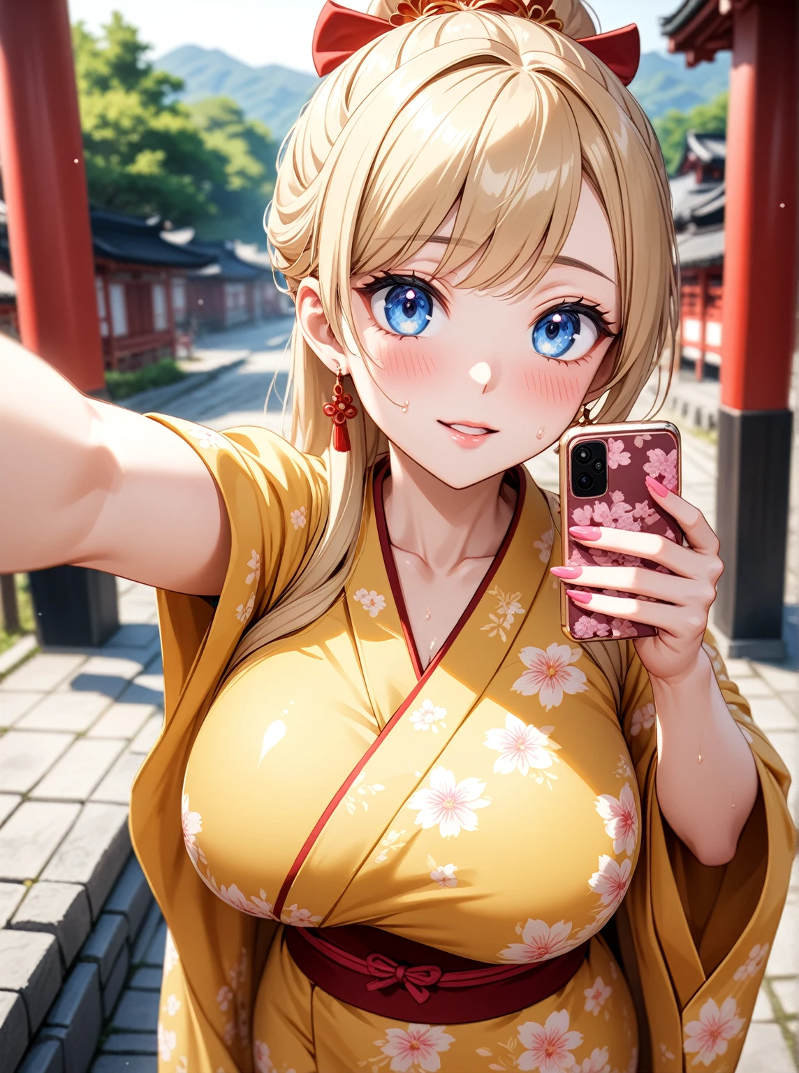 ((One woman)), Beautiful Face,My face turns red with embarrassment,(Taking a selfie with your boyfriend using your smartphone),Be surprised,Sweat on the face,Glossy pink lips,Daytime,Shrine Festivals, ((Anime style background)),masterpiece, highest quality, so beautiful, up to date, Complex details, (Pink long nails),AI-generated, Complex,High resolution, highest quality, super high quality,3D Images、View the viewers、3D Images,one person,Long Blonde Hair,High Ponytail,blue eyes,Anime woman posing for a photo, [[Fine grain、Colorful eyes、Shining Eyes:1.15]],a hyperRealistic , hyperRealistic , Realistic,Blonde anime woman with long hair, Smooth anime CG art, A woman in a gold embroidered kimono, (Yellow kimono),Pink floral pattern,Long flower hair ornament,Big earrings,(Large Breasts:1.2),Mature Body,tall,Big Ass,Fine details,Narrow waist,Six-pack,Photographed from diagonally above,looking at the camera