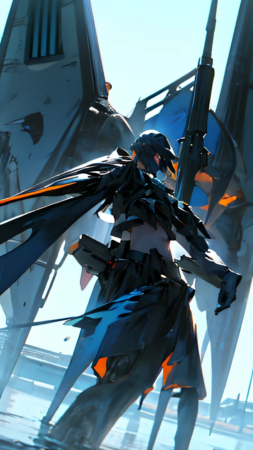 A sleek, aerodynamic body made of water-resistant steel colored dark blue on the back and white on the belly.Penguin-shaped head with a spiky yellow crest above the eyes. A large orange beak that houses the harpoon launcher.A pair of mechanical wings that can be opened and closed, made of a lightweight but strong material in metallic gray.