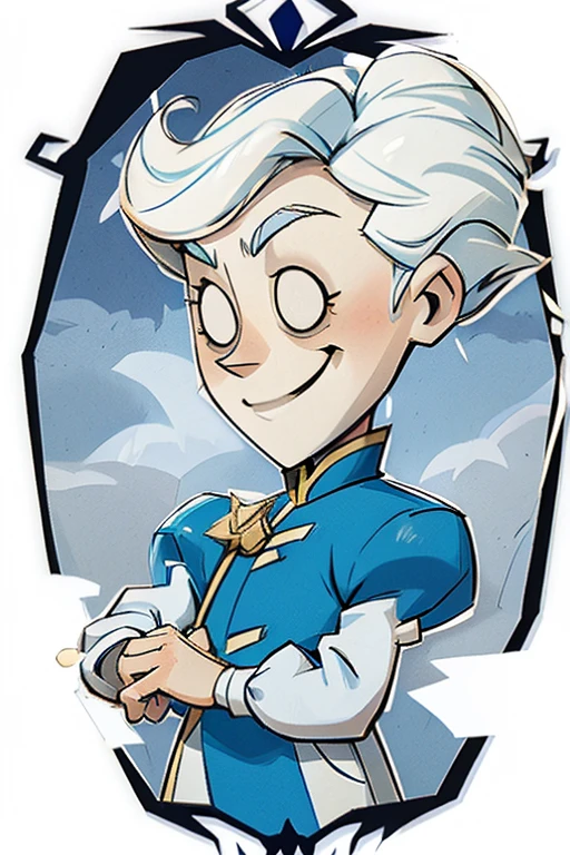 （Best quality at best，tmasterpiece），1boy，short detailed hair, shy character，timid character, weak posture, (bending forward, insecure), masterpiece, best quality, dontstarvestyle, walter, (style:cute) 1boy, cowboy shot, cute, young, little, shota, , 5yearsold, 5 years old, white shota, (smiling), white hair, white shirt, puffed sleeves, long sleeves, prince clothes, royalty french outfit, grey eyes, BREAK
(facelighting), (sky with clouds in background, paper planes, natural sunlight:1.2, blue sky)