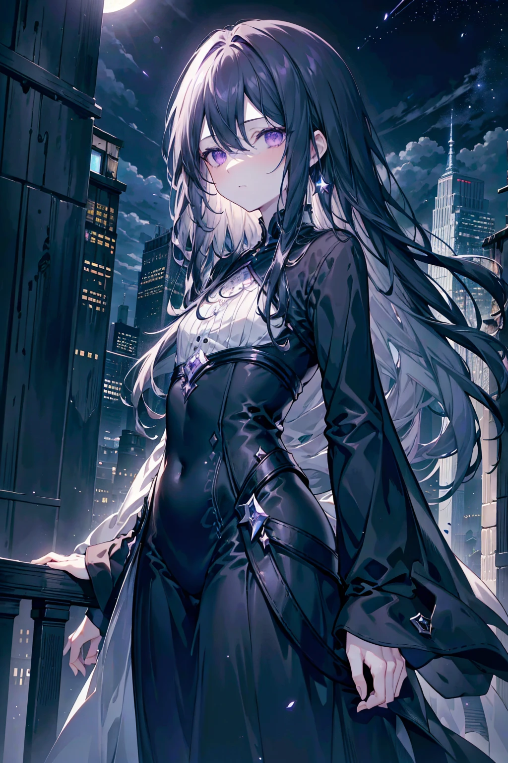 (depth of field, delicate, aesthetic), feminine boy, pale skin, skinny, black long hair, deep purple eyes, black tight clothe, (scenery, skyscrapers, beautiful sky, clouds, stars, moon)
