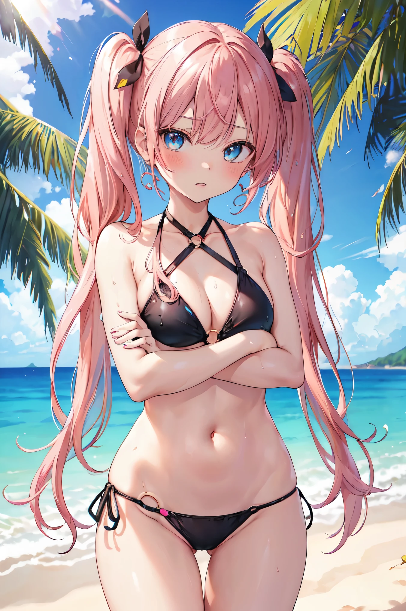 anime girl, looks at the viewer, sea, pink hair, two black and blue butterfly bows, bikini, beach, hot, big breasts