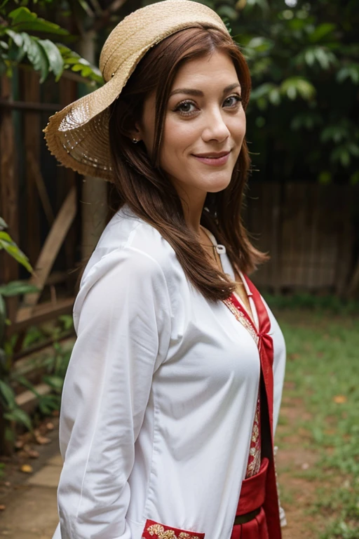 Kate Walsh dressed in traditional Vietnam clothing and smiling