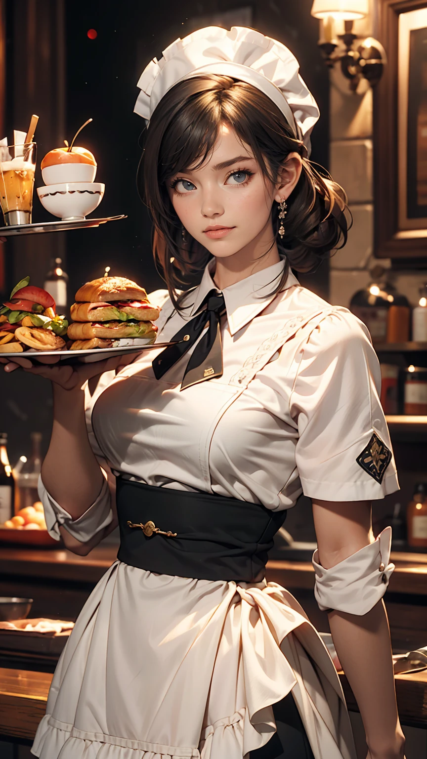 24-year-old woman、waitress、Put on a head dress、Holding a tray、Serving with a smile、Cowboy Shot