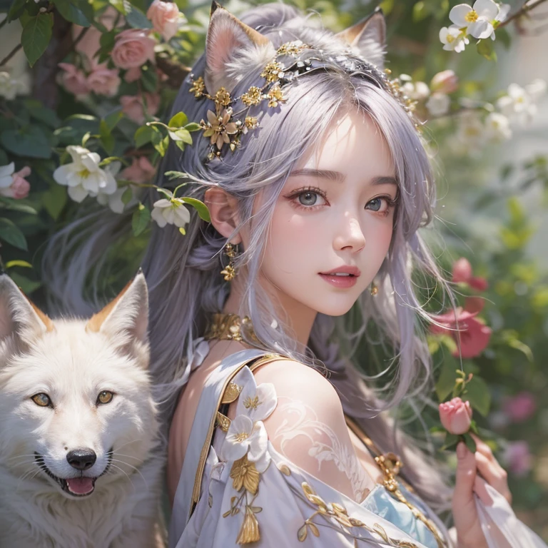 Hiding in an ancient shrine、Hair flow、 ((Highest quality、masterpiece、8K、Best image quality、Ultra-high resolution、Award-winning works)、(Accurate anatomy:1.1)、(Look at me and smile:1.1)、Shining fair skin with Ultra-high resolution、The most detailed face、Ultra-high resolution detailed face、Ultra-high resolutionの髪の毛、(Ultra-high resolutionの煌めく瞳:1.1)、Beautiful face drawn in every detail、(Blurred Background:1.1)、Ancient maiden costume, Chest to chest, tattoo、Arctic fox