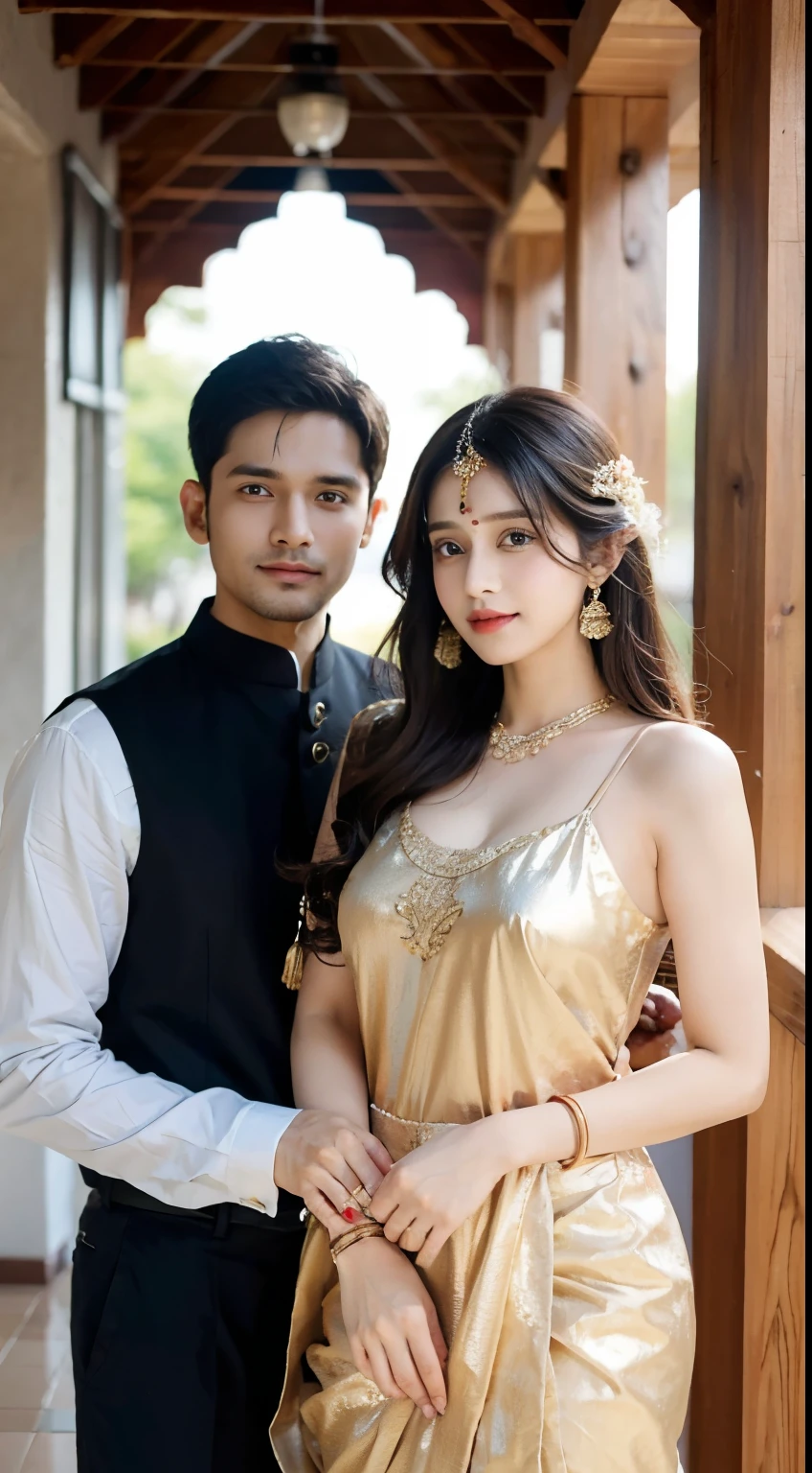 make couple man and girl it indian in indian dress, realistic, best quality, real life,