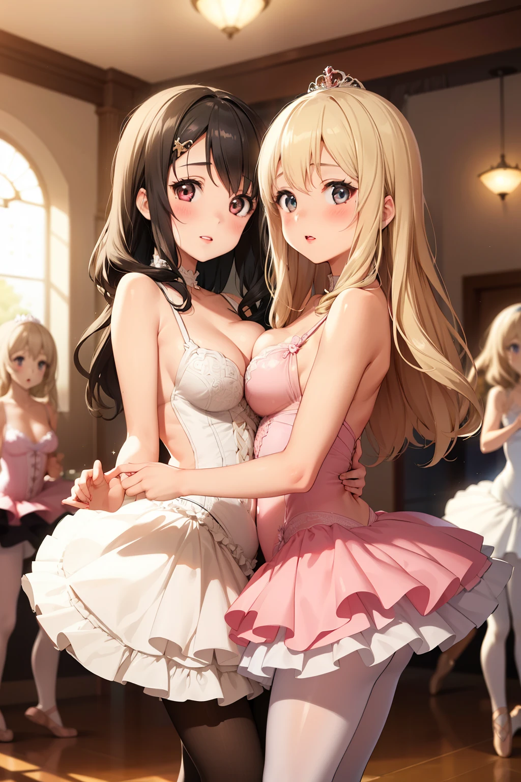 2girls, (multiple girls), masterpiece, best quality, highly detailed, ultra high res, hair ornament, glossy lips, medium breasts, latifa fleuranza, arisa ayase, ballerina, pantyhose, tutu, dance hall