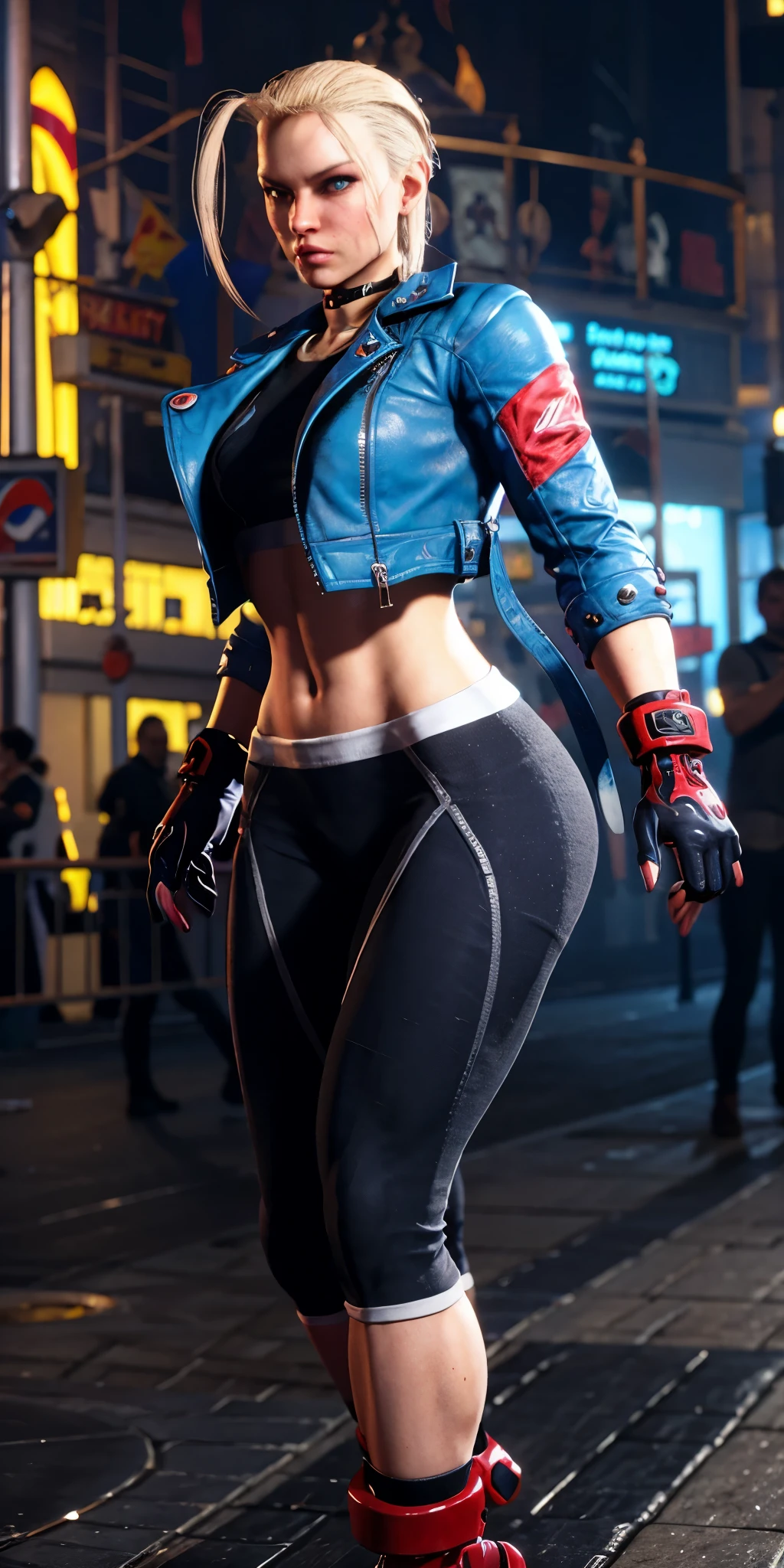 ((best quality)), absurdres, ((ultra high res)), cyberpunk, cammy white, a woman with a blue jacket and red gloves, extremely detailed, 8k, masterpiece, realistic skin texture,  