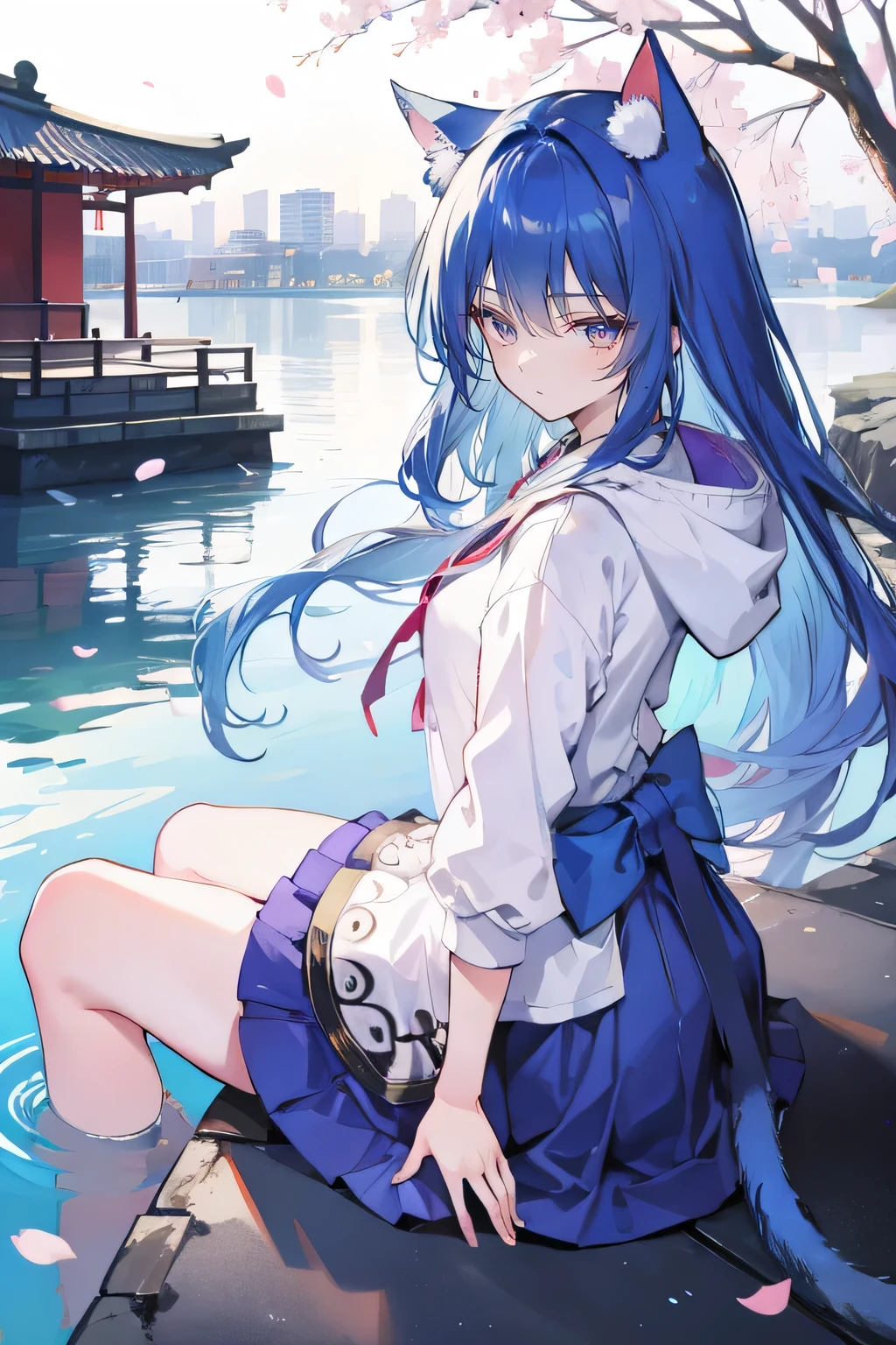 （masterpiece：1.2），Super detailed，lifelike，Expressive eyes，fair skin，perfect face shape，1 girl，
Japanese comics,Gorgeous blue hair,flowing blue hair,flowing clothes,Cat ears,Petals fall,beautiful lola,Baby Angel,
Shaking head with one hand，Cross your legs，Gentle and peaceful background，The pavilion is cool and comfortable,smile, wearing hoodie, background of tokyo,back views,snowing, winter,lie on the water.