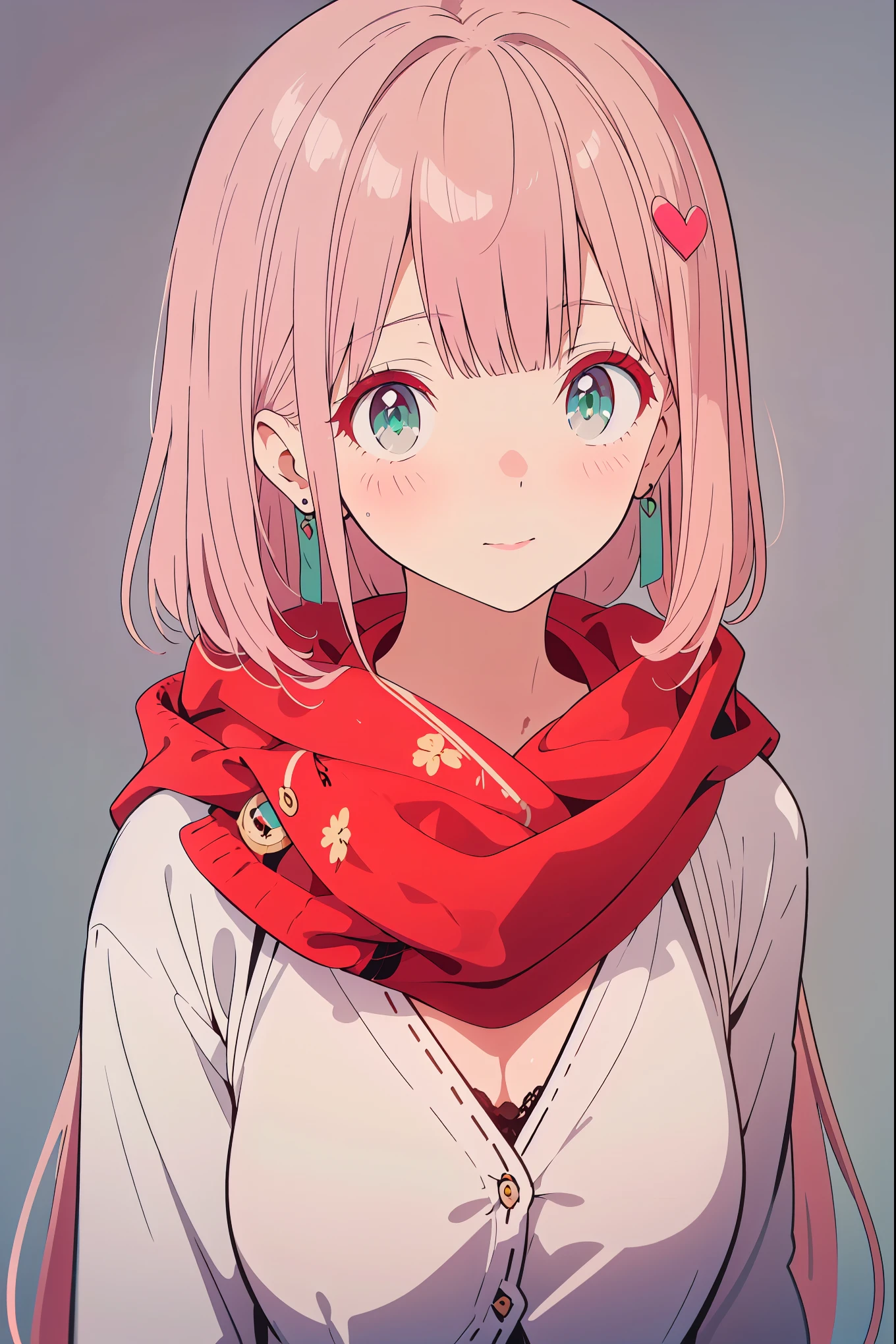 {{{{tmasterpiece}}}}, {{{ultra - detailed}}}, {{{A high resolution}}}, {{Good anatomy}}, (((Best quality at best))), ((Maximalism)),((Emerald eyes,with pink hair)),{{Extremely detailed and refined}}, {8k CG wallpaper}, {{illustratio,Get on camera,closeup of face,Face portrait}}, (long hair|straight hair|white hair|detailed hair|blunt bangs|shinny hair),((chiffon blouse,: The red and brown,vintage hairstyle,plain style,cardigan,gray knitted scarf)),proud face,ear rings,Blushing with joy,girlfriend lens,(1 girl:1), Alone,little breast, (color difference:1.2)