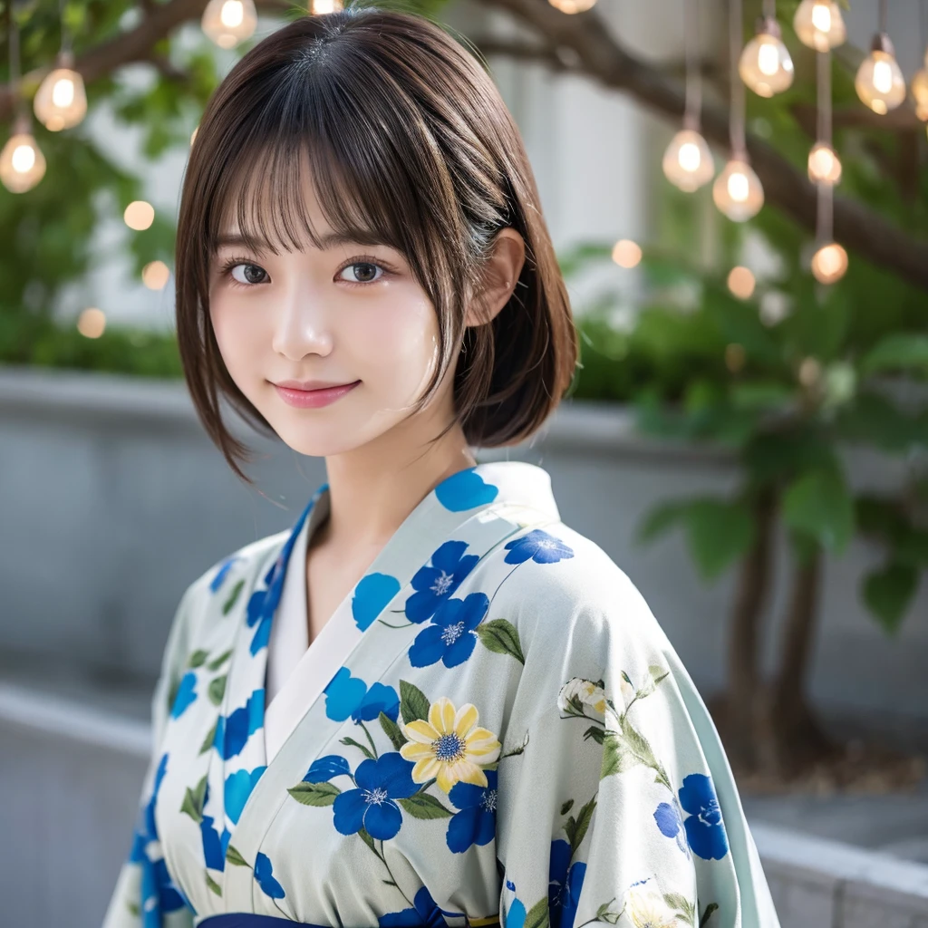 (kimono)、(())、Random pose、(highest quality,masterpiece:1.3,超A high resolution,),(Ultra-detailed,Caustics),(Photorealistic:1.4,RAW shooting,)Ultra-Realistic Capture,Very detailed,High resolution 16K human skin closeup、 The skin texture is natural、The skin looks healthy、The color is also uniform.、 Use natural light and color,1 girl,Japanese,,cute,Black Hair,,smile,,(Depth of written boundary、chromatic aberration、、Wide range of lighting、Natural Shading、)Shortcuts、Almond-shaped eyes、19 o'clock、Riverside、Fireworks in the sky