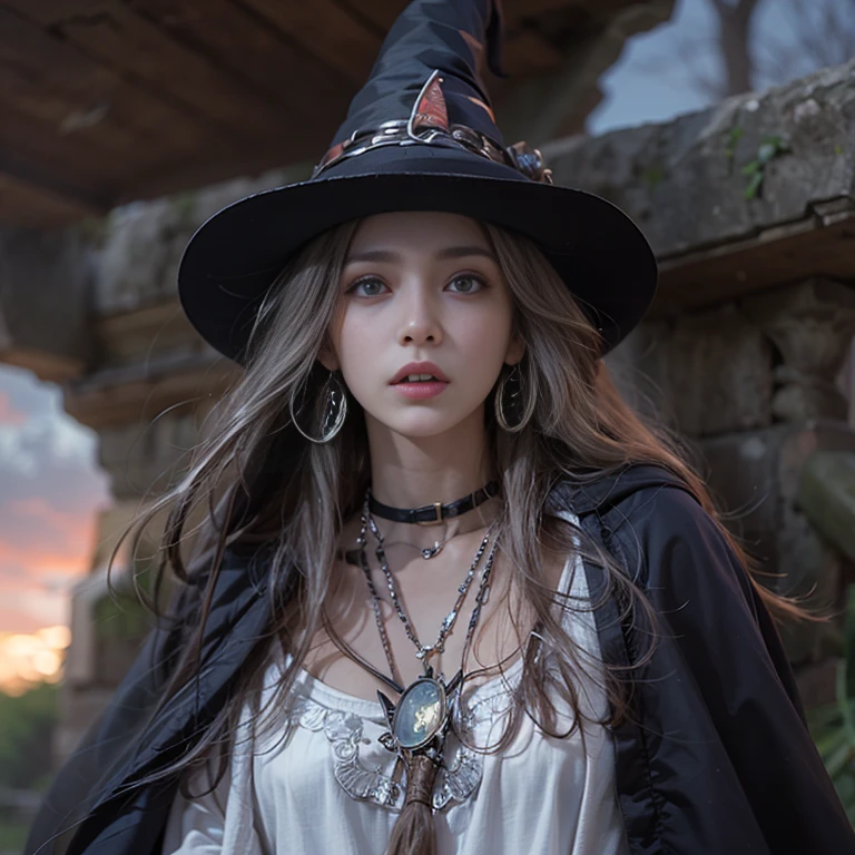 (number々Award-winning masterpiece, Incredible detail, Texture and maximum detail), (hyper Realistic:1.4), (Realistic:1.3), (Full body close-up:0.4), (Highest quality real texture skins), ((The medieval world)), Slanted Eyes, Detailed drawn eyes, Detailed face, (((witch'Old black hat))), (Slim witch in white clothes), (Slim female wizard in white clothes), (Slim witch in black clothes), (Slim female wizard in black clothes), Kind eyes, ((Perfect and beautiful fingers)), ((Perfect and beautiful arms)), (She has a mischievous smile:1.4), Friendly and girlish face, (The devil dances overhead), Glass earrings in the ears, (Dramatic Photos:1.6), Shining majestic thunderclouds and sky, Halo Optical Phenomenon, Anti-light, Twilight, sunset, evening, (Dramatic Light), (Spectacular sight), (Her expression is calm, So gentle and so beautiful、Somehow scary), (Noble), (blonde, Silver Hair, Chestnut Hair), ((Full body portrait)), ((look up)), ((Looking down)), (Full body standing:1.5), (On her neck、Simple Necklace, that'that'Strange but well done, wear.), Altar of Purgatory, Old what'left behind overgrown with plants, The Great Temple of the Devil, Cathedral, The Great Temple of the Devil, Temple what'left behind, Detached temple, magic circle, Ancient castle what'left behind, what'left behind, 崩れかけたwhat'left behind, Ancient what'left behind with clear water, Wavelets, water flowing,