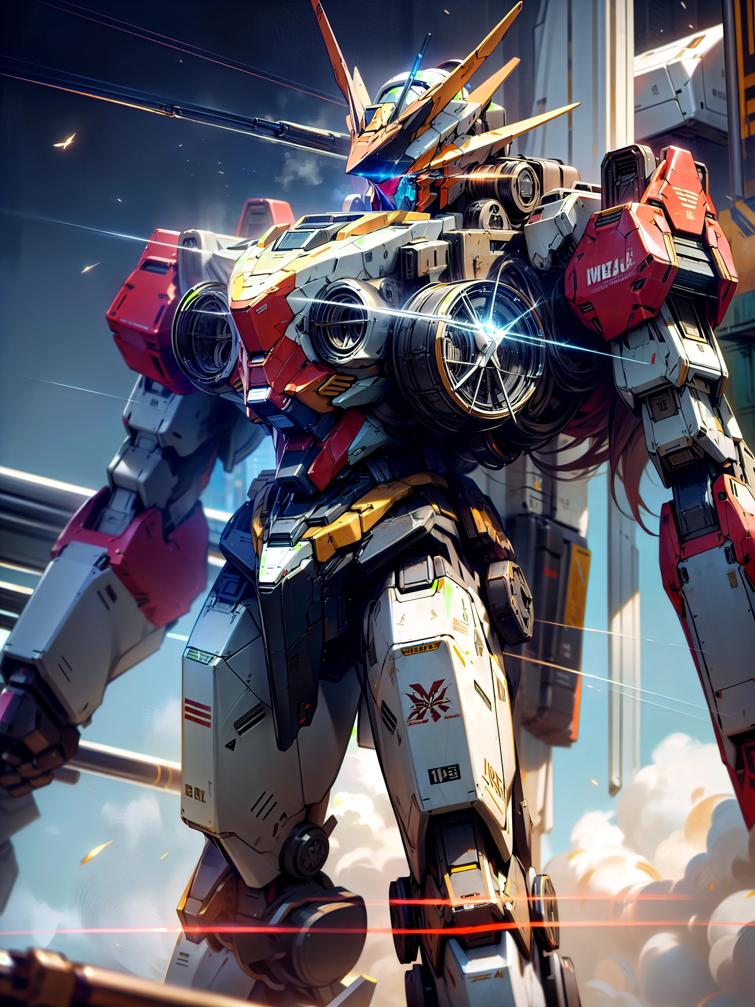 Surrealism, Ray Tracing, Photorealistic, UHD, High Detail, 32k, Best Quality, Textured Skin, Gundam Mecha, Flight, Funnel, Mecha Ship, Masterpiece, Best Quality, Mecha, Unmanned, (Full Body), (Black Mecha: 1.8), (Axisymmetric: 1.4), (HDR), (Movie Light: 1.1), White Eyes, Cool, Science Fiction, Fire, Universe, oversized shield, mecha man overlooking the background of the earth, with laser cannon beams, wars, conflicts, weapons in hand (has a huge weapon: 1.5),