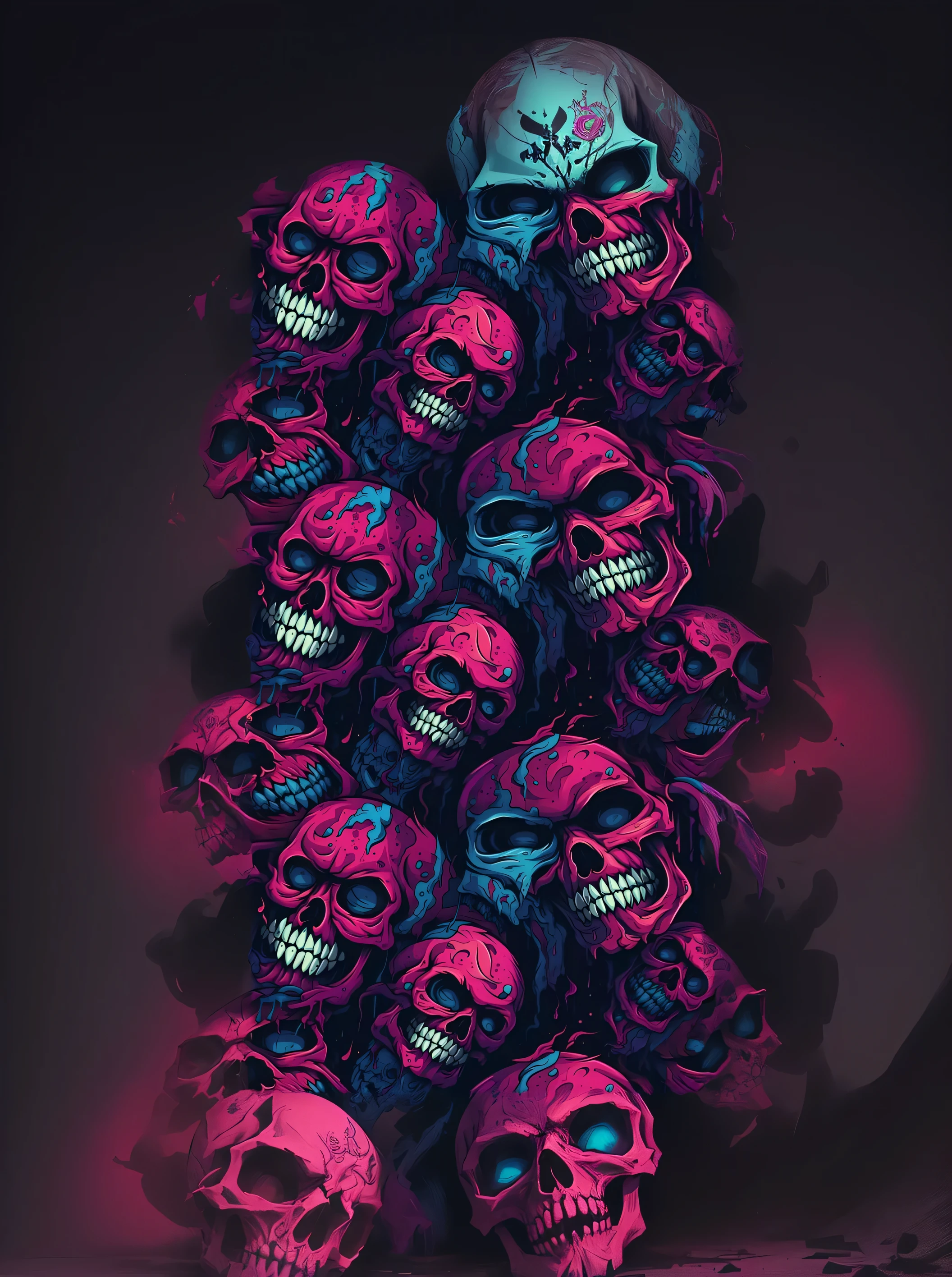 One human dead face with head extended with others heads upside, Rotten heads integrated of monsters. An artistic horror picture of dead heads. Horror art, illustration, overdetailed, UHD, hyper-maximalist, 8k resolution, hyperrealism, High detail, art by Dan Seagrave