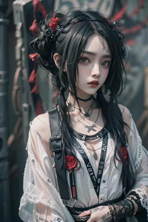 highest quality、8k、masterpiece:1.3、Gothic Punk、The inside color is red、Gray Black Hair、hair ornaments、Beautiful girl、creative、Punk Style、Neogoth、Goth Fashion:0.8、High resolution、masterpiece、highest quality、頭w:1.3、((Hasselblad Photos))、Fine skin、Sharp focus、(Cinematic lighting)、shirt, Shoulders out, With modest breasts